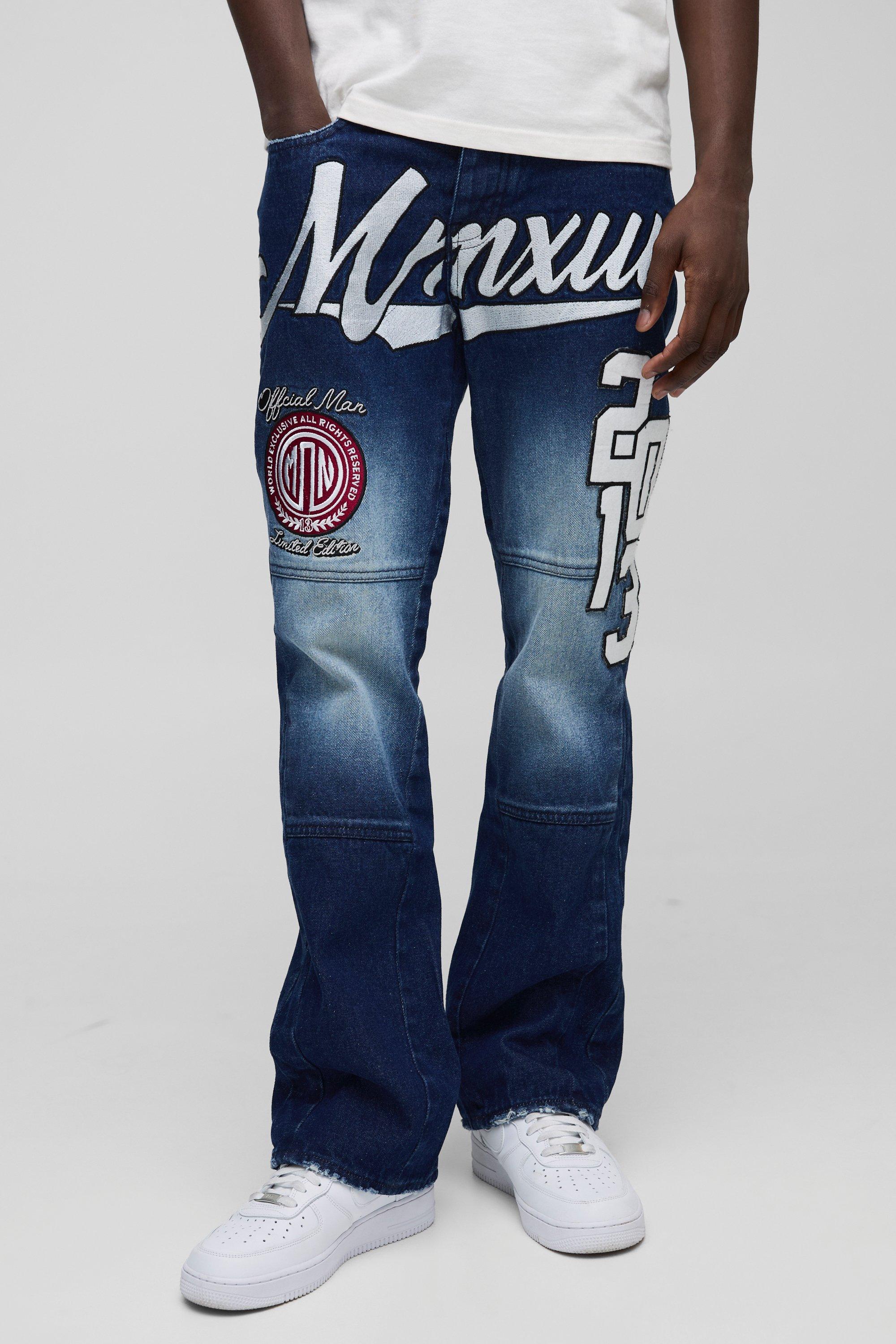 Boohoo Gebleekte Flared Slim Fit Jeans Met Badge En Gusset, Dark Blue
