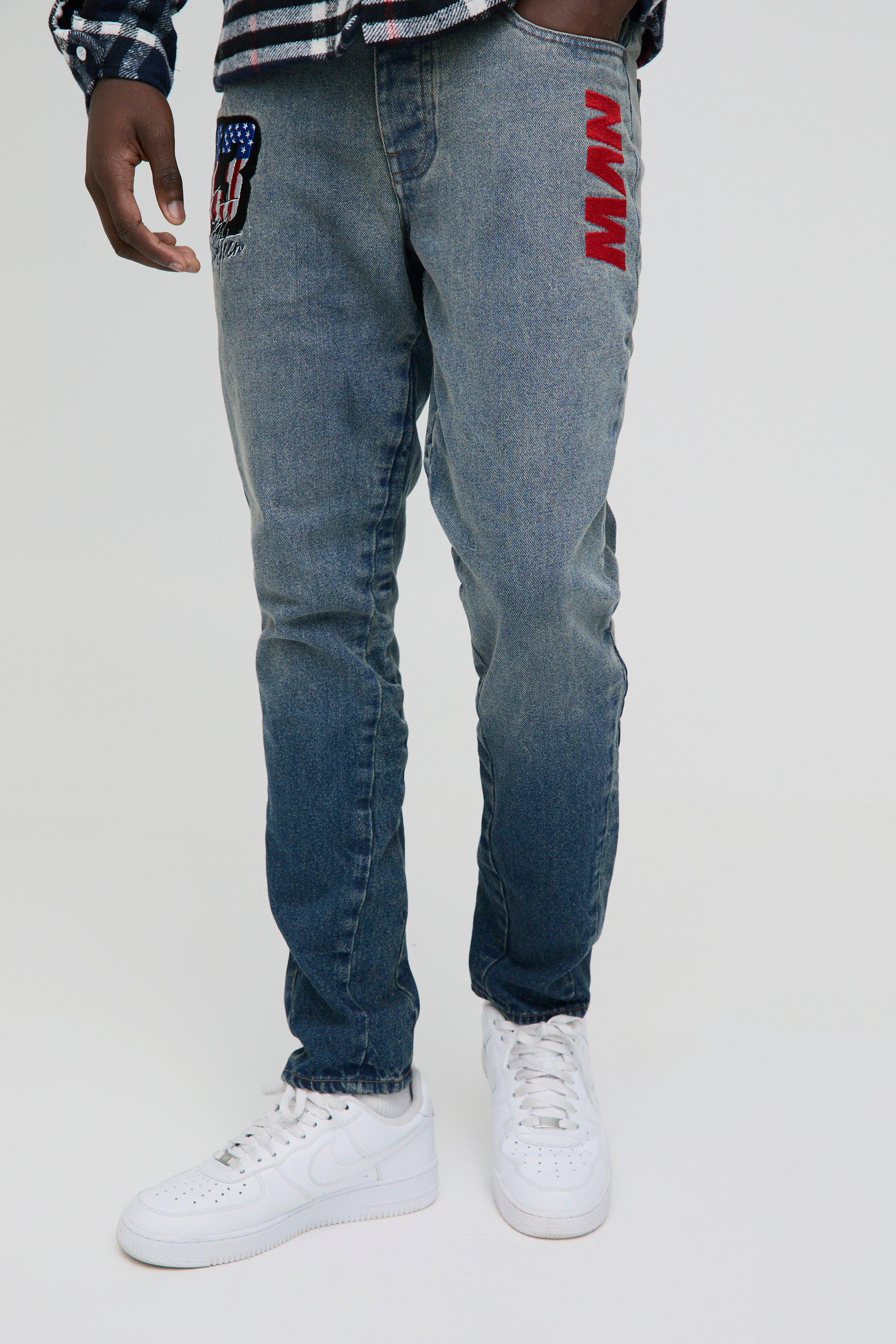 Boohoo Gebleekte Slim Fit Jeans Met Badge En Gusset, Antique Blue