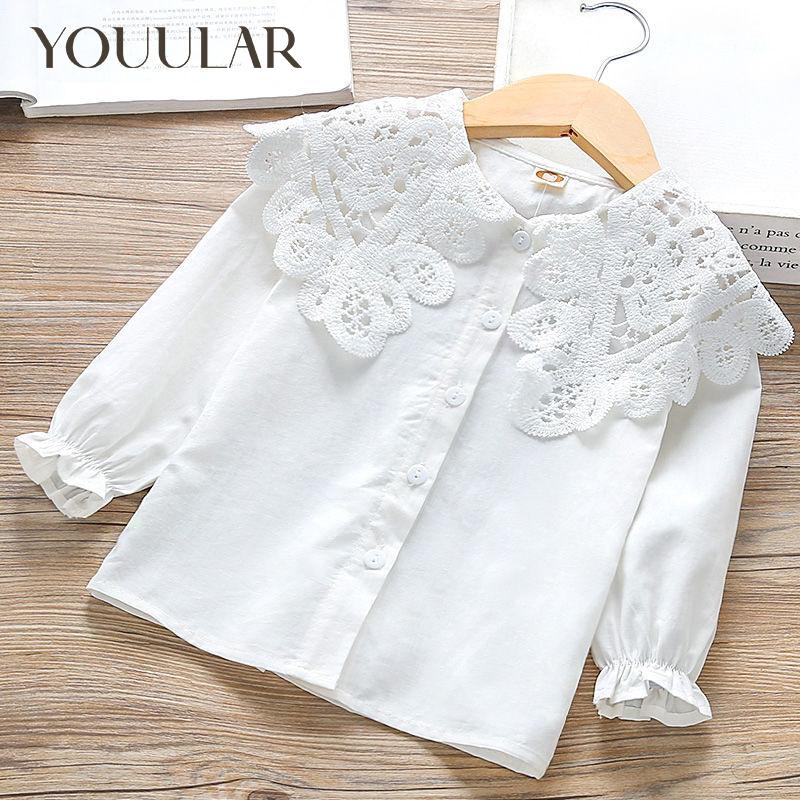 YOUULAR Meisjes Lente Herfst Wit Shirt Koreaanse Mode Kinderen Bottoming Top Effen Kleur Lange Mouw Kant Kraag Blouse 2T wit