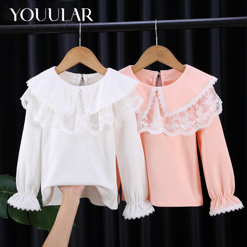 YOUULAR Lente Meisjes Blouses Baby Meisjes Tops Kinderkleding School Blouse Roze Katoenen Kant T-shirt Blouse Kinderkleding 150