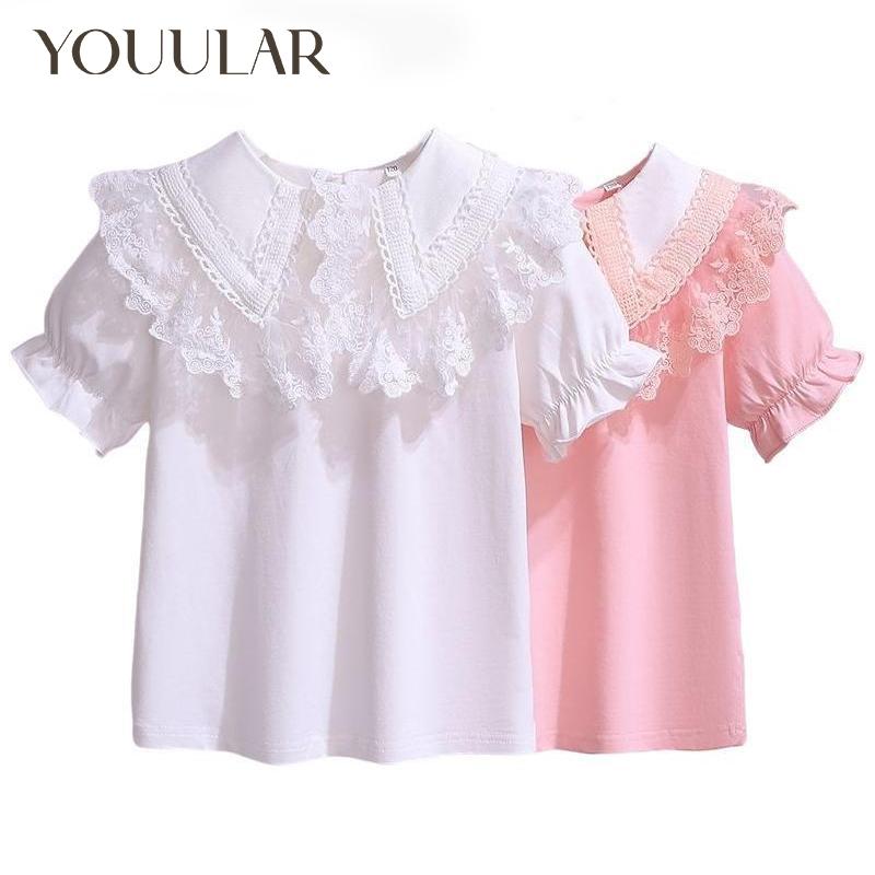 YOUULAR Zomer Wit Meisjes Korte Mouw T-shirt 2022 Nieuwe Katoenen Tiener Kinderen Kant Revers Blouse Kinderen Schoolkleding Tops 3-12 Jaar 3T wit