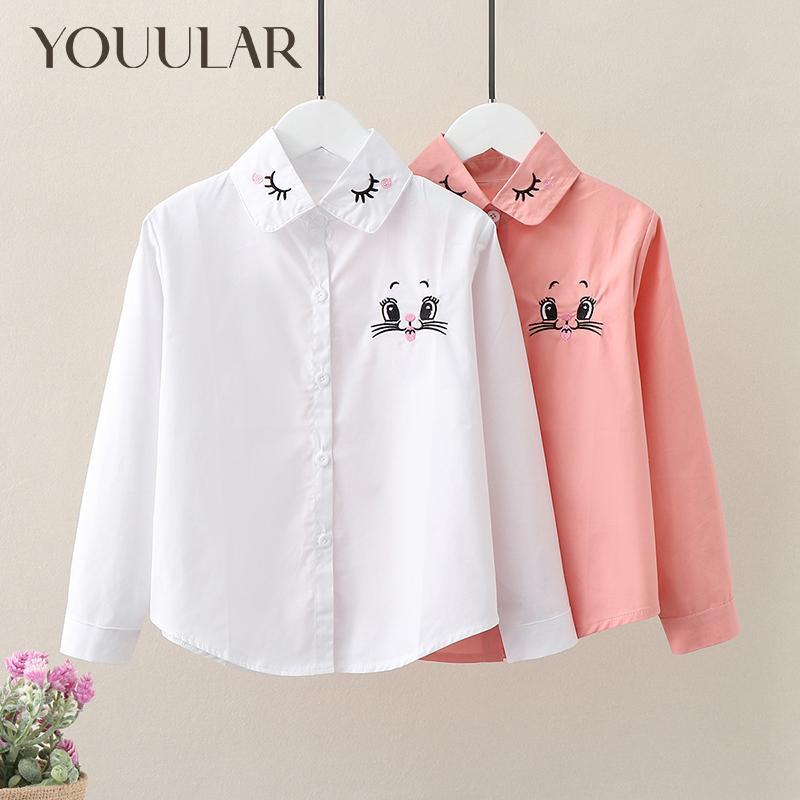 YOUULAR Tienermeisjes Studenten Shirts voor School Lange Mouw Meisjes Witte Geborduurde Blouses Tops Lente Herfst Kinderkleding 4T roze