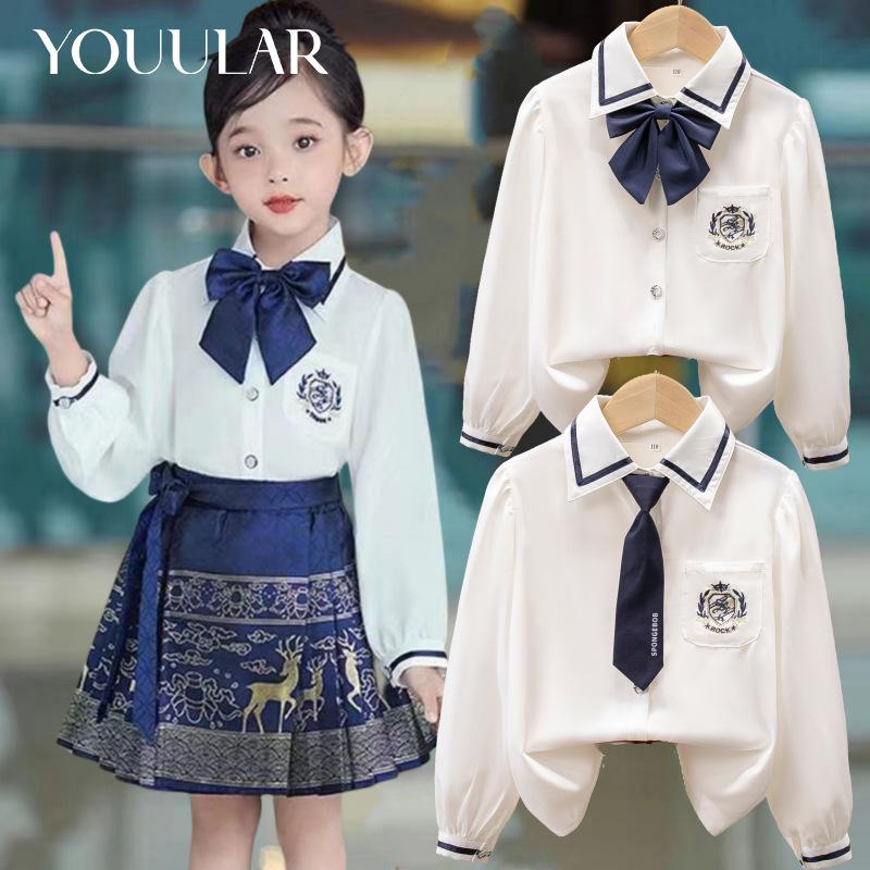 YOUULAR Katoenen shirt Wit Meisjes Onderkant Shirt Top Kinderkleding Student Lange mouwen Schooluniform 110