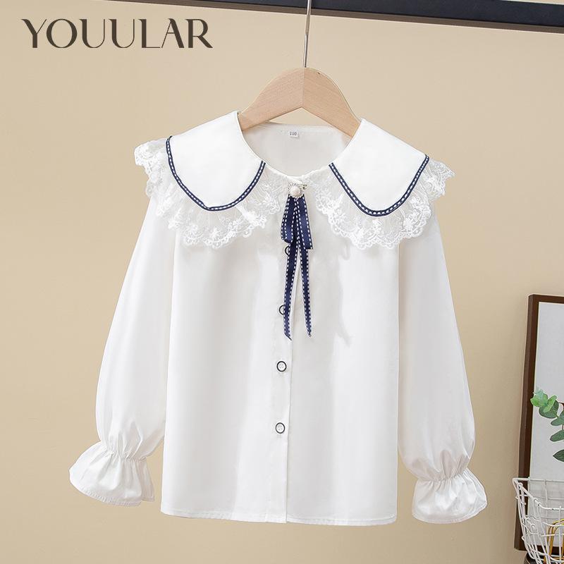 YOUULAR Lente 2024 Lente Kindershirt Meisjes Kantkraag Wit Shirt Meisjes Lange Mouw Shirt 110