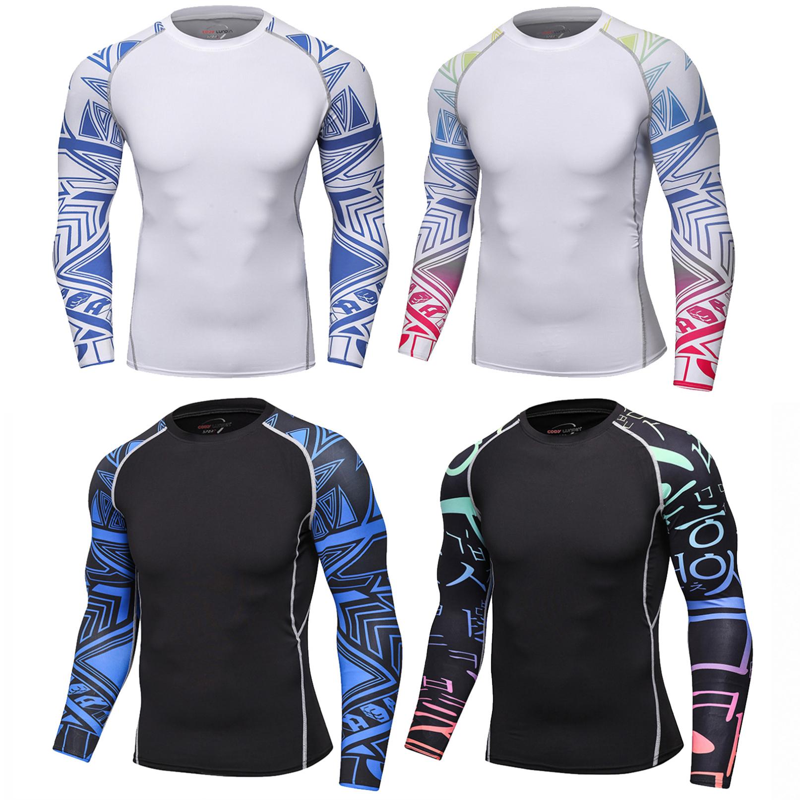 YOOJIA Heren sport strak T-shirt compressie Rashguard lange mouw hoge elastische print fitness tops L
