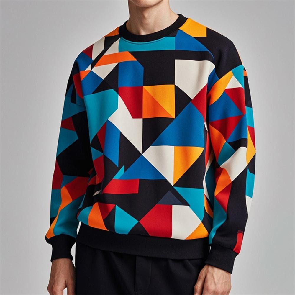 ETST 06 Herfsttrui voor heren, geometrie, grafische print, lange mouwen, oversized, ronde hals, golftrui, casual herentrui S