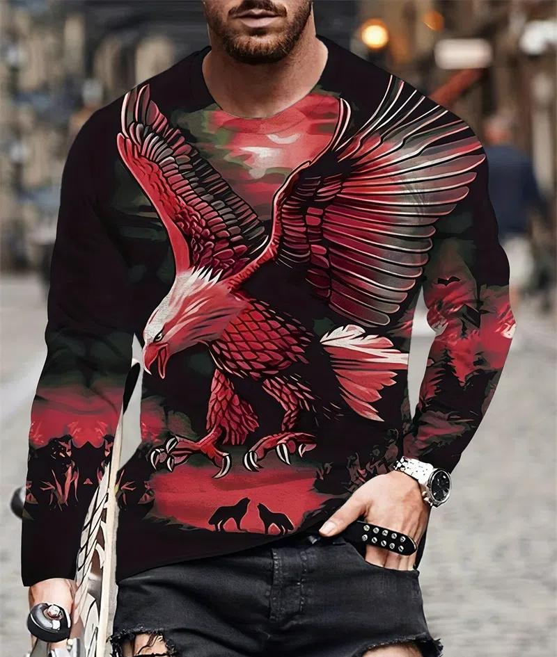 Transmission of love Mannen Eagle Handgeschilderde Patroon Casual T-shirts Lange Mouw Streetwear 3D Animal Printing Hip Hop Mannelijke Tops Tee plus Size 6XL S
