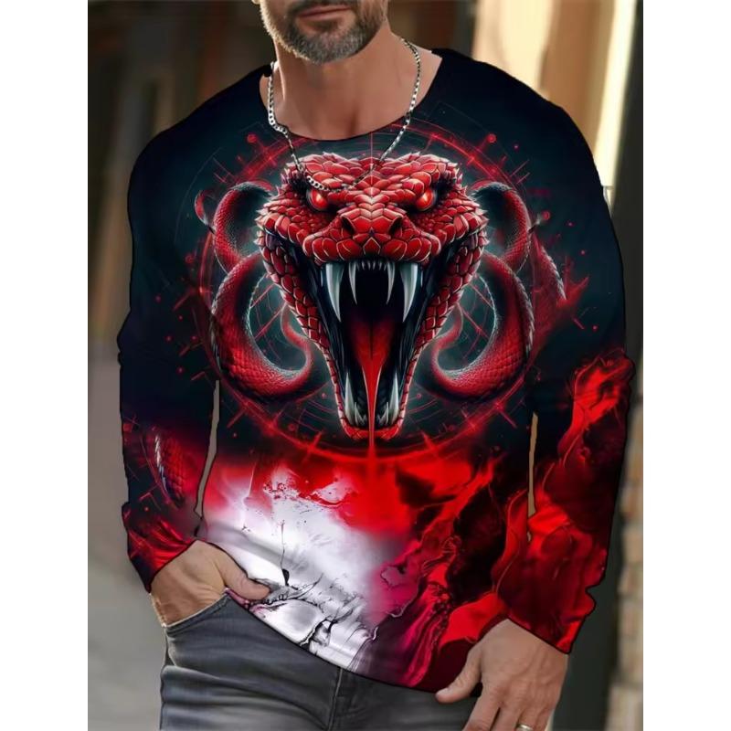 Forever Men Heren Street 3D Snake Nieuwjaar Fierce Print T-shirt Casual Ronde Hals Grafisch T-shirt Tops Ademend Sport Lange Mouw Heren S