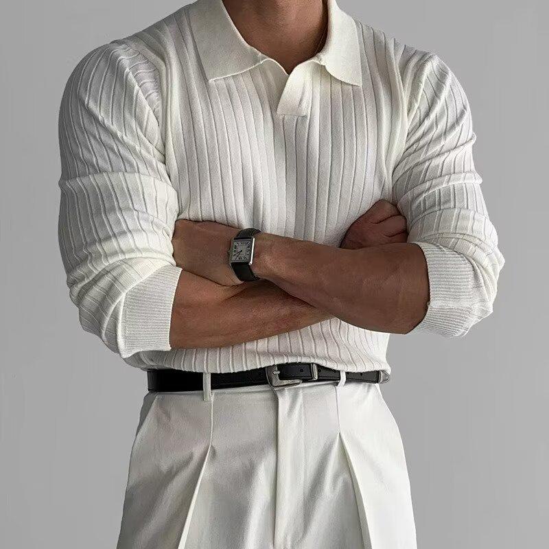 Top Men Wardrobe Heren lente- en herfstbreigoed: Effen gestreept elastisch revers poloshirt, T-shirt met lange mouwen M wit