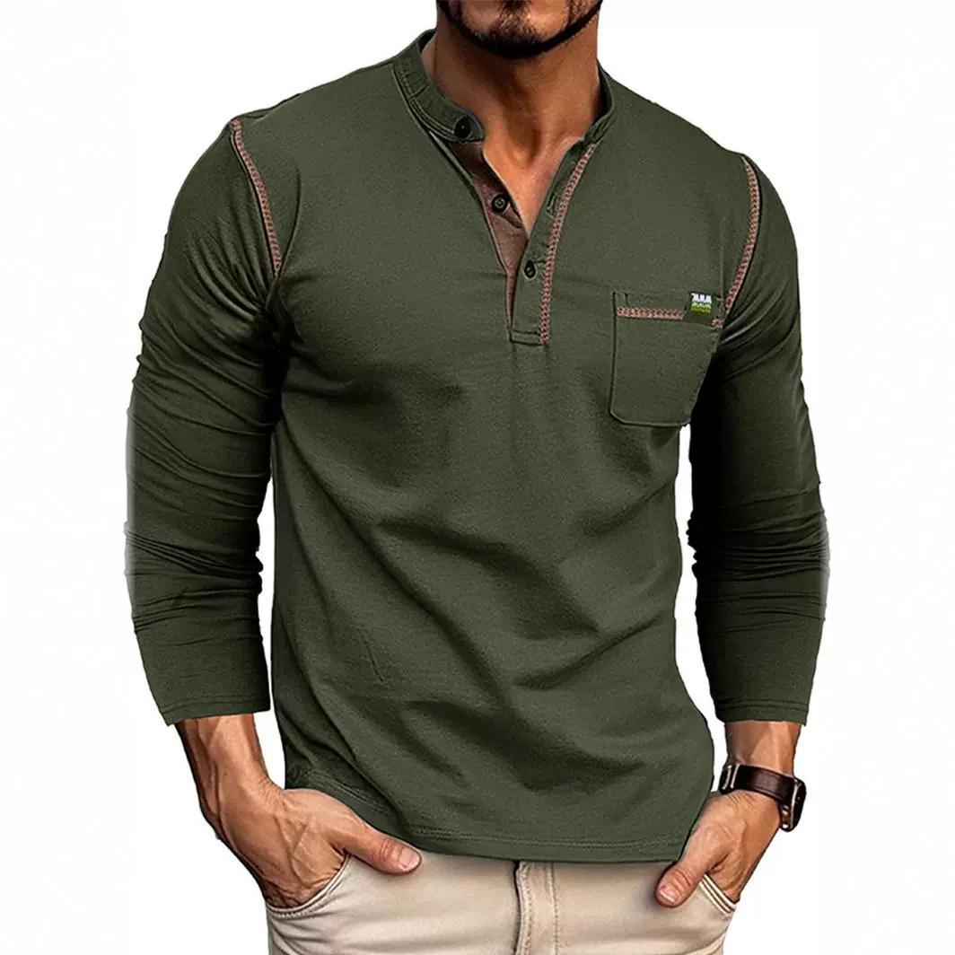 Top Men Wardrobe 2024 Europees en Amerikaans heren Henley-overhemd met kleurvlakken en lange mouwen US size S koningsblauwe kleur