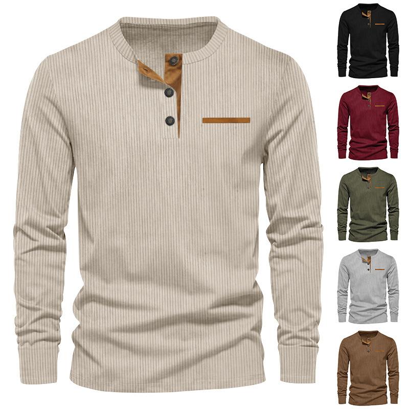 Fashion human Lente nieuw casual heren corduroy Henley overhemd heren lange mouwen Slim T-shirt S zwart