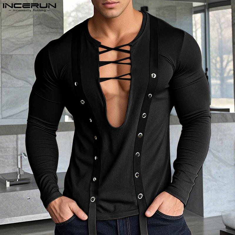 INCERUN Heren Diepe U-hals Bandage T-shirts Lange Mouwen Holle Slim Tops S zwart