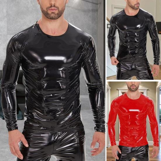 Borderless Boutique Heren Vloeibaar Glanzend Kunstleren Top Metallic Wetlook Lange Mouw T-shirt Rits Schouder Slim Fit Shirt Hip Hop Nachtclub Feest Blouse M rood