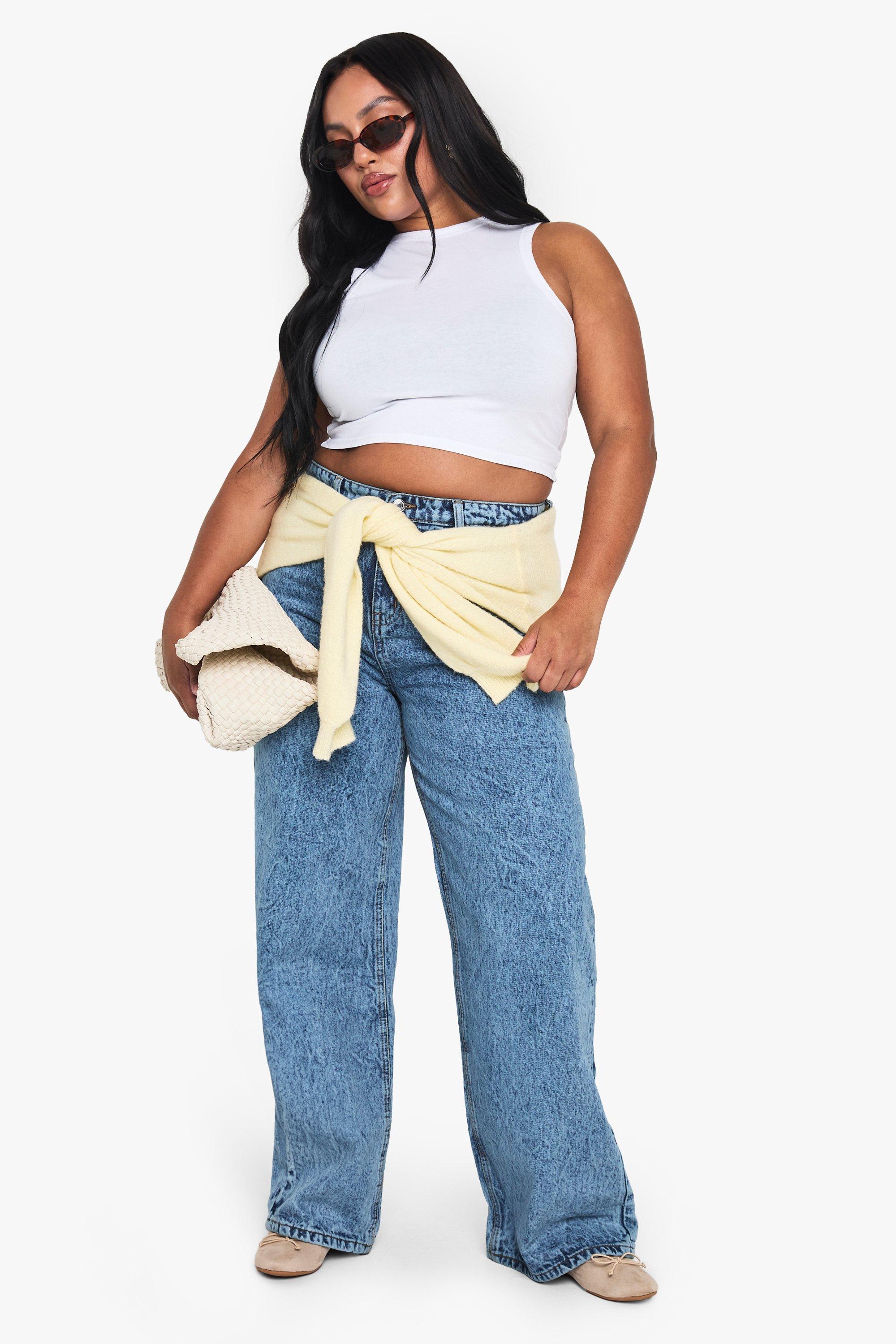 Boohoo Plus High Waist Booty Boost Wide Leg Jeans, Acid Wash Light Blue