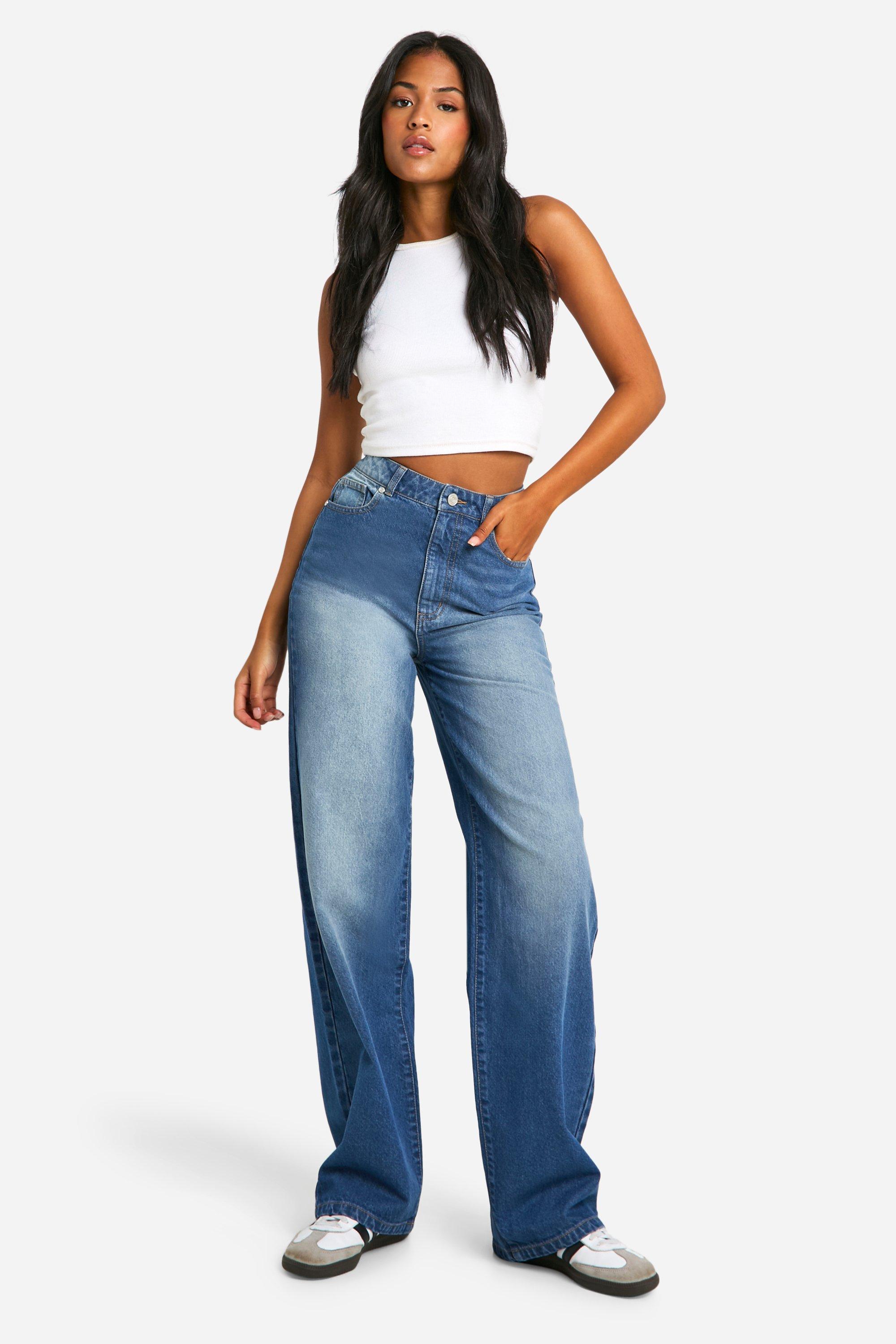 Boohoo Tall Basic High Waist Super Wide Leg Jeans, Mid Blue