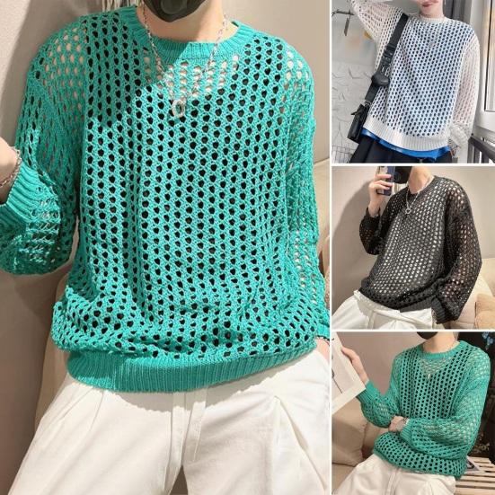 Taoxihao Heren holle top mesh visnet effen kleur ronde hals losse lange mouw clubwear hiphop doorzichtige elastische trui feesttop L wit