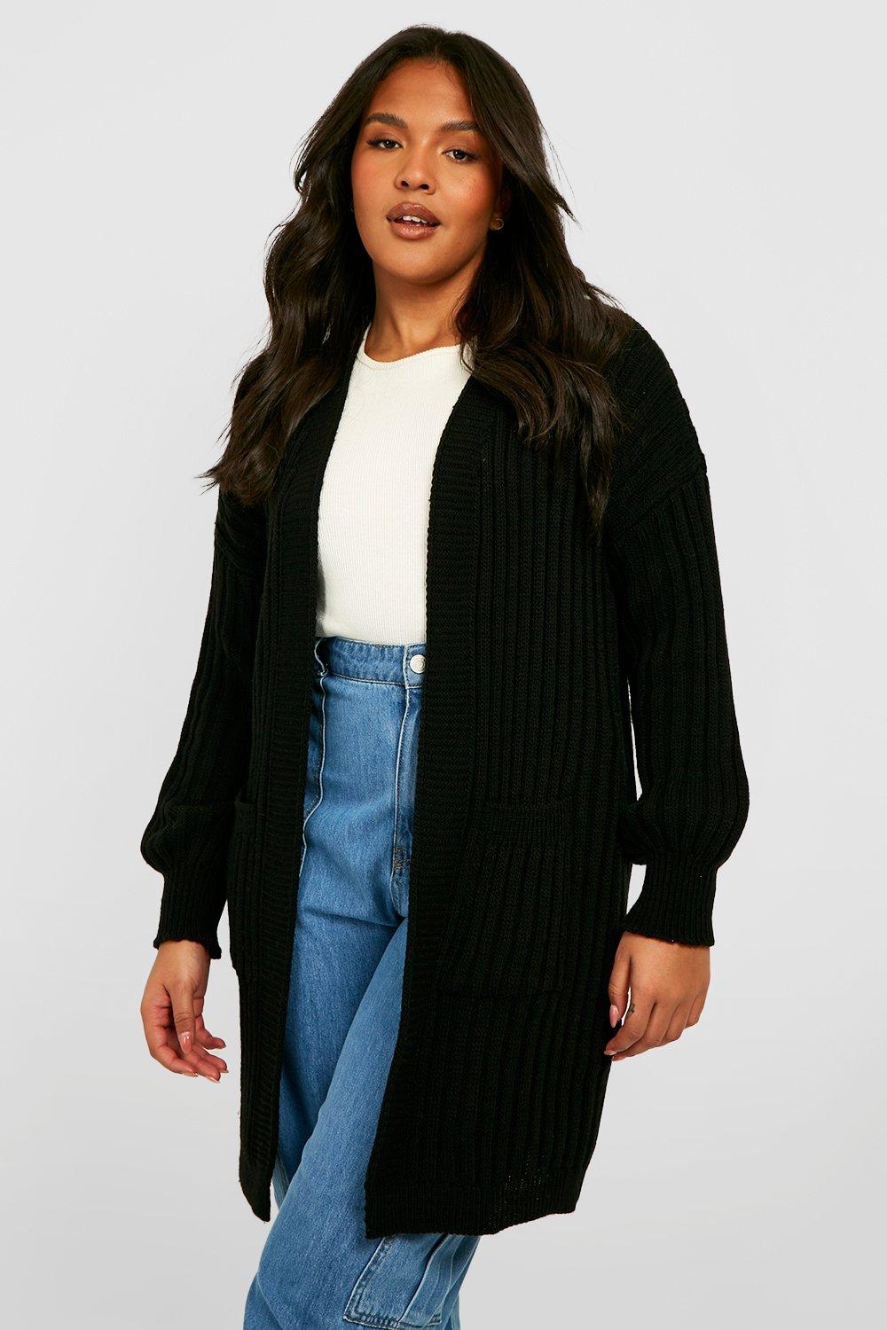 Boohoo Brede Geribbelde Dikke Cardigan, Black
