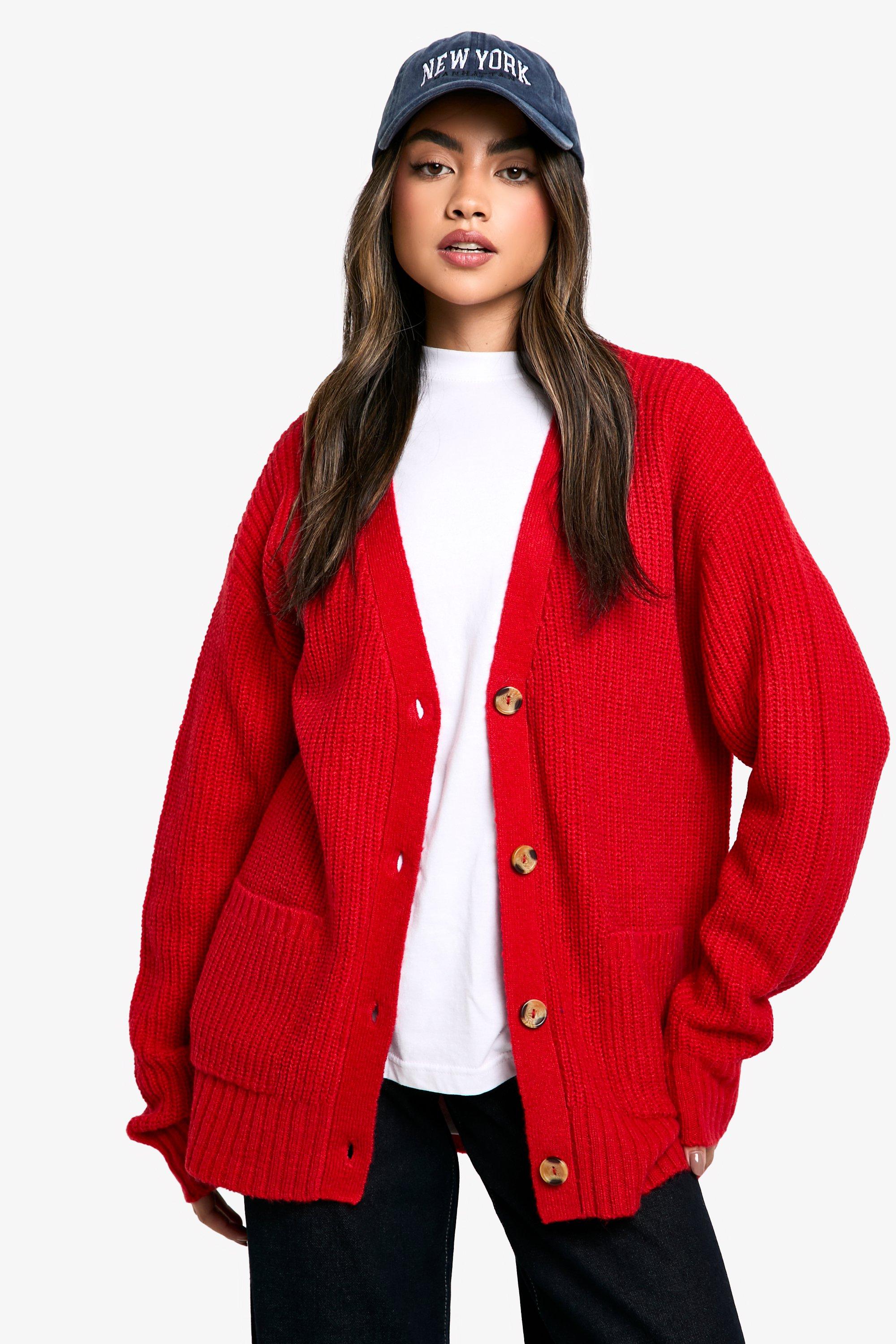 Boohoo Oversized Zachte Gebreide Baggy Boyfriend Cardigan, Red