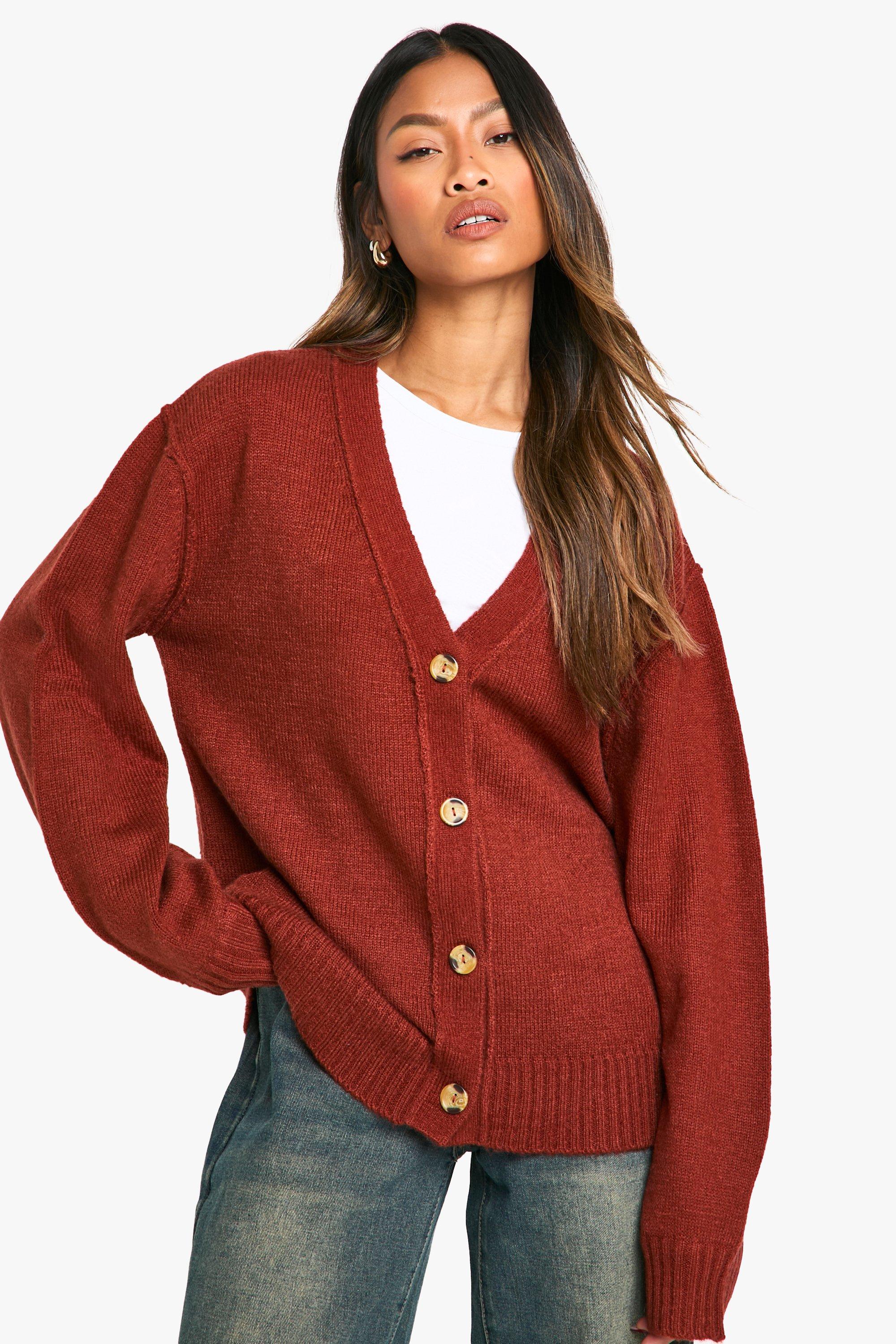 Boohoo Oversized Zachte Gebreide Boyfriend Cardigan Met Naaddetail, Chocolate