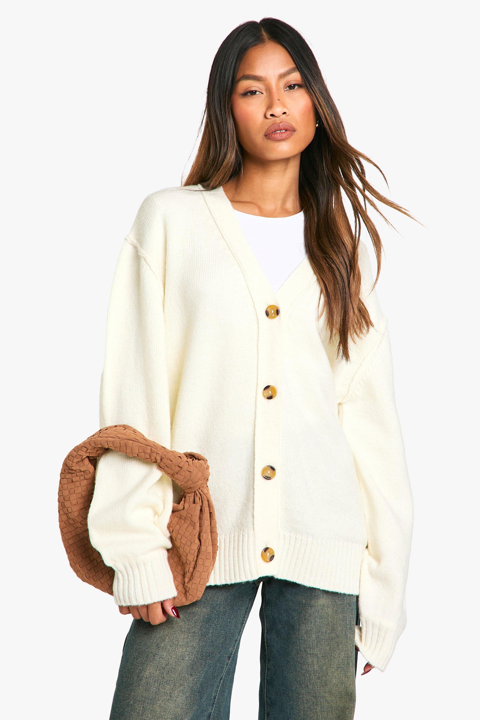 Boohoo Oversized Zachte Gebreide Boyfriend Cardigan Met Naaddetail, Ecru