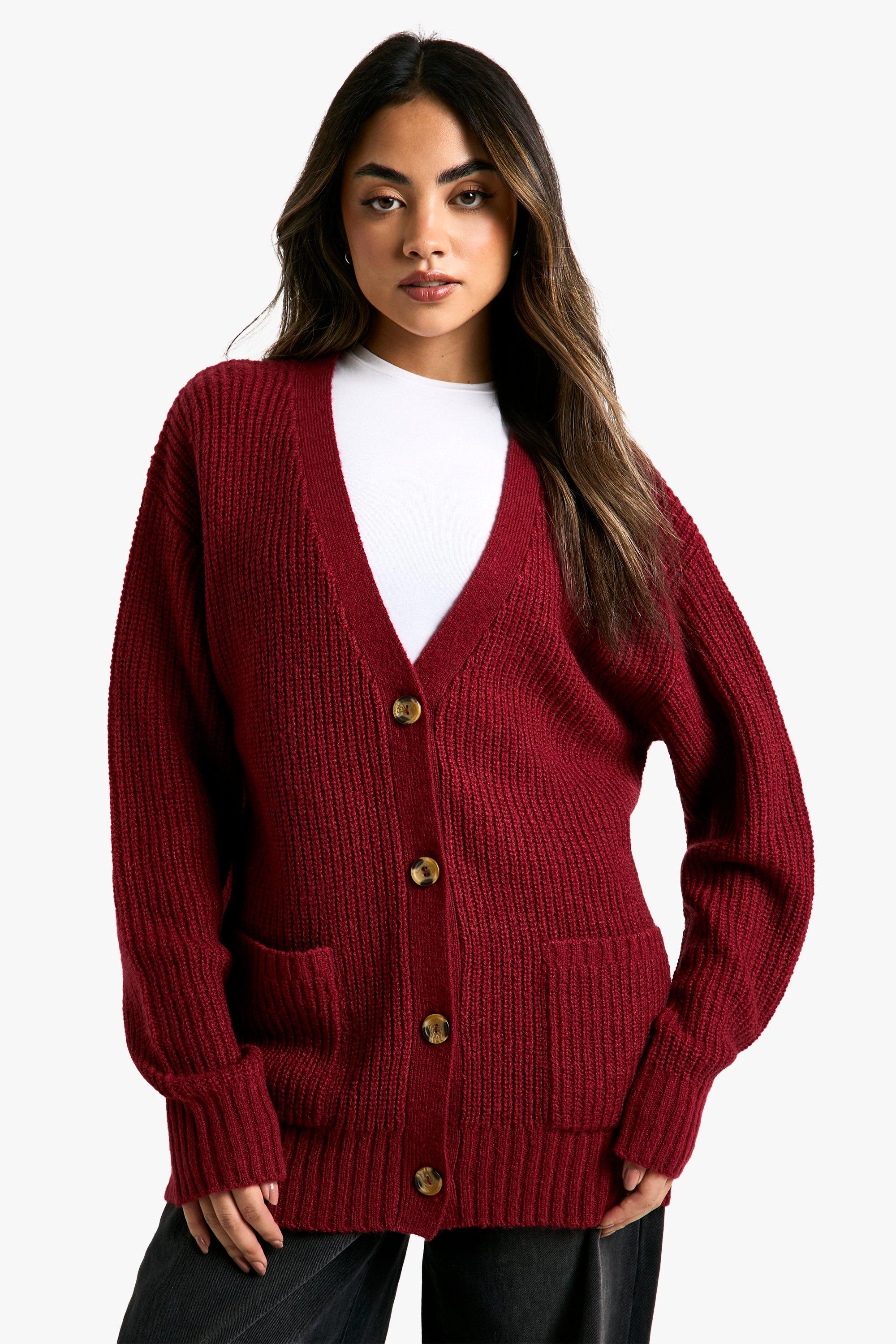 Boohoo Oversized Zachte Gebreide Baggy Boyfriend Cardigan, Berry