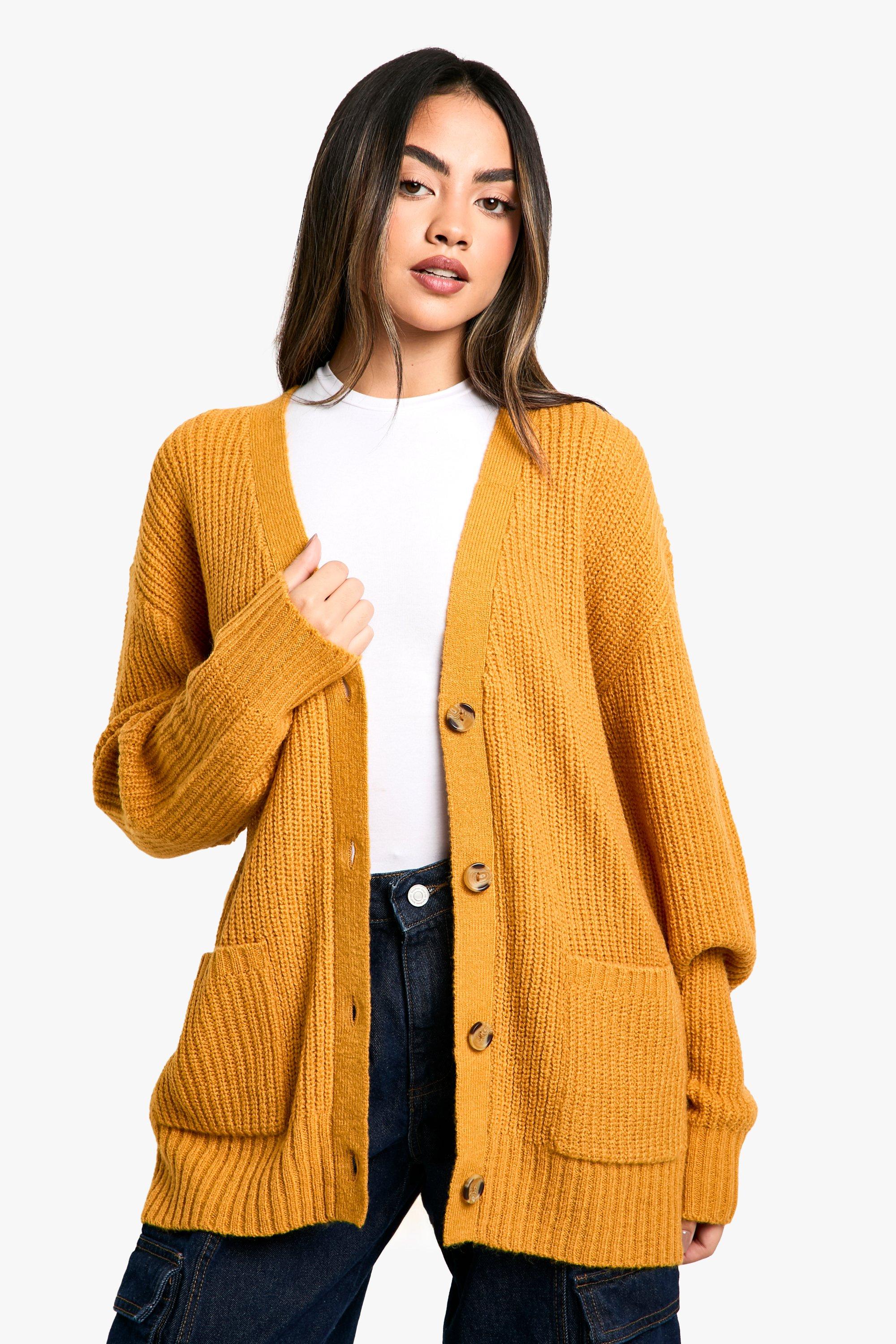 Boohoo Oversized Zachte Gebreide Baggy Boyfriend Cardigan, Mustard