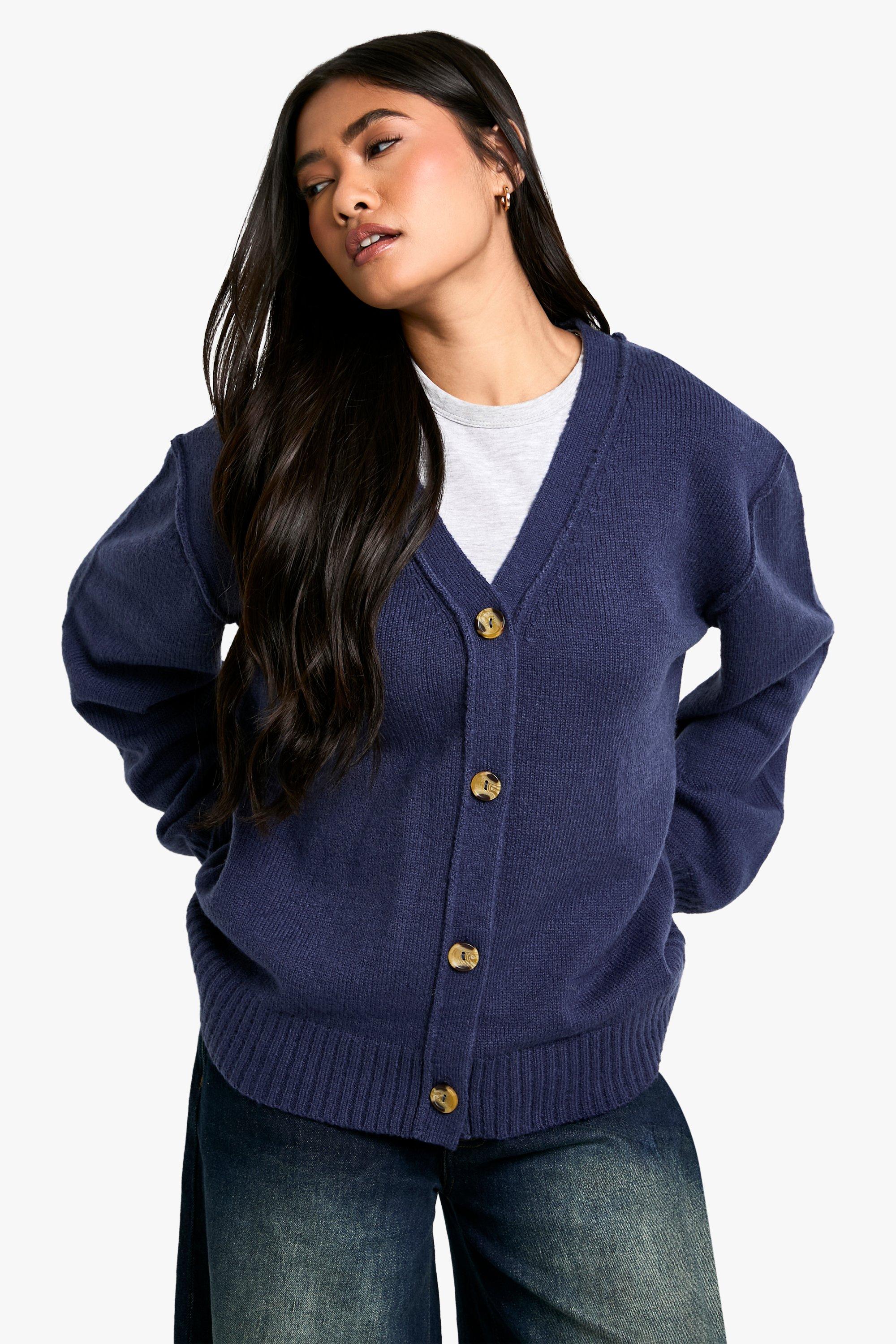 Boohoo Oversized Zachte Gebreide Boyfriend Cardigan Met Naaddetail, Navy