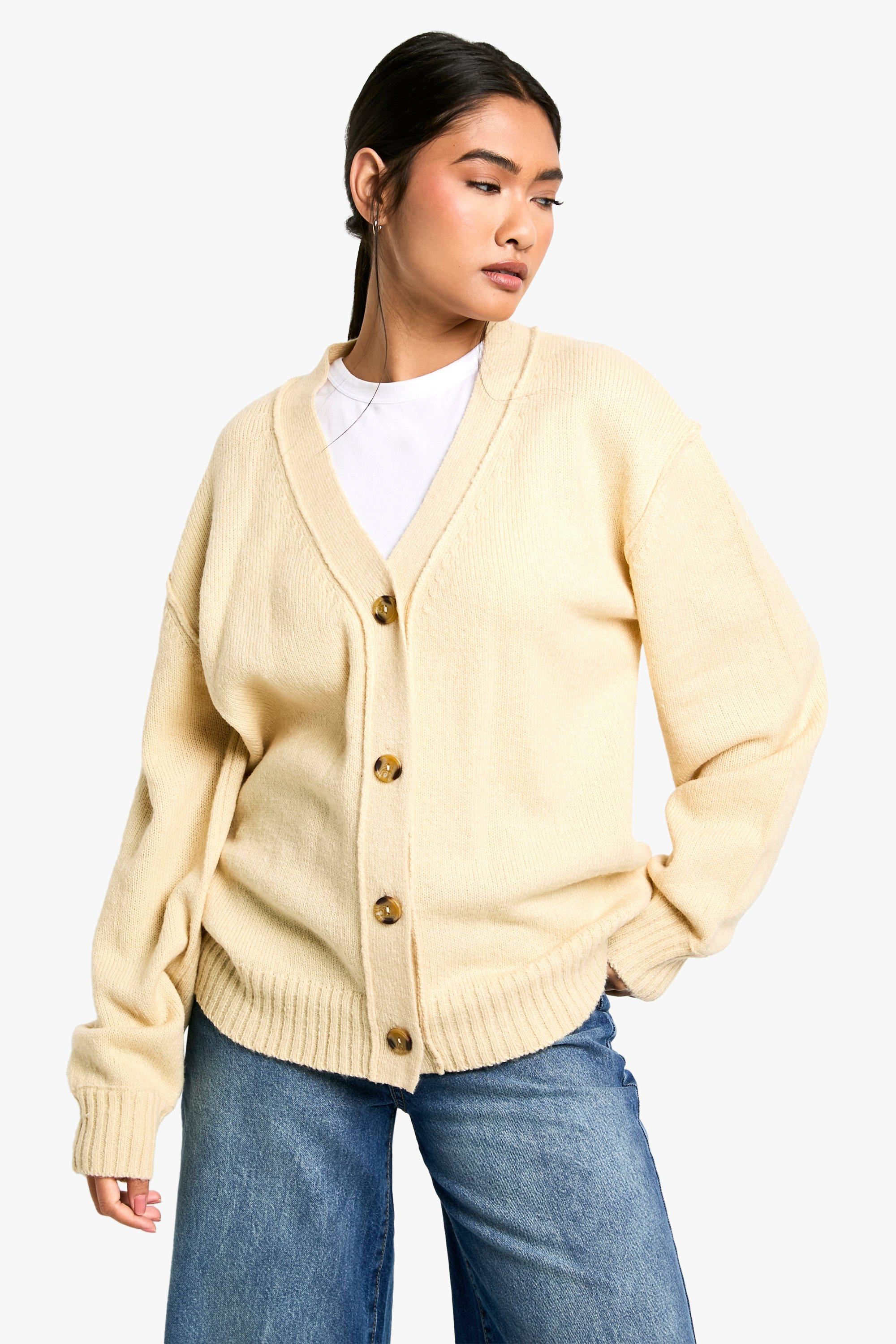 Boohoo Oversized Zachte Gebreide Boyfriend Cardigan Met Naaddetail, Stone