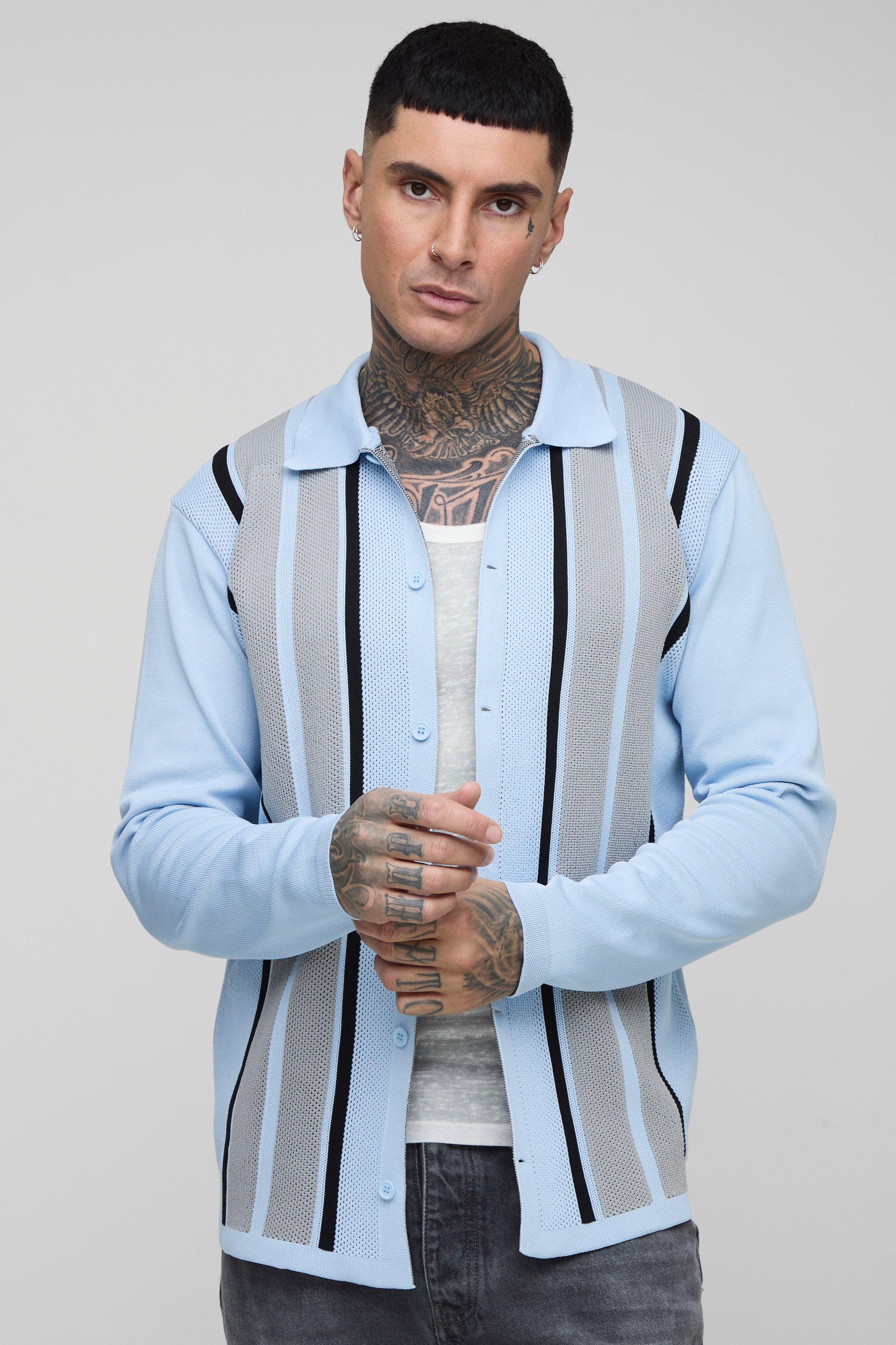 Boohoo Tall Stripe Knit Regular Fit Cardigan, Blue