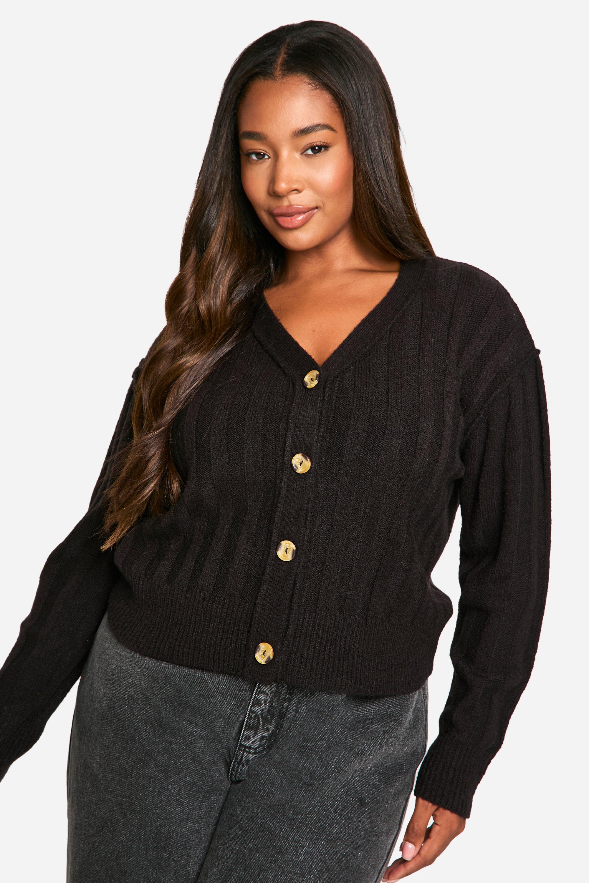 Boohoo Plus Zachte Geribbelde Gebreide Boyfriend Cardigan Met Naaddetail, Black