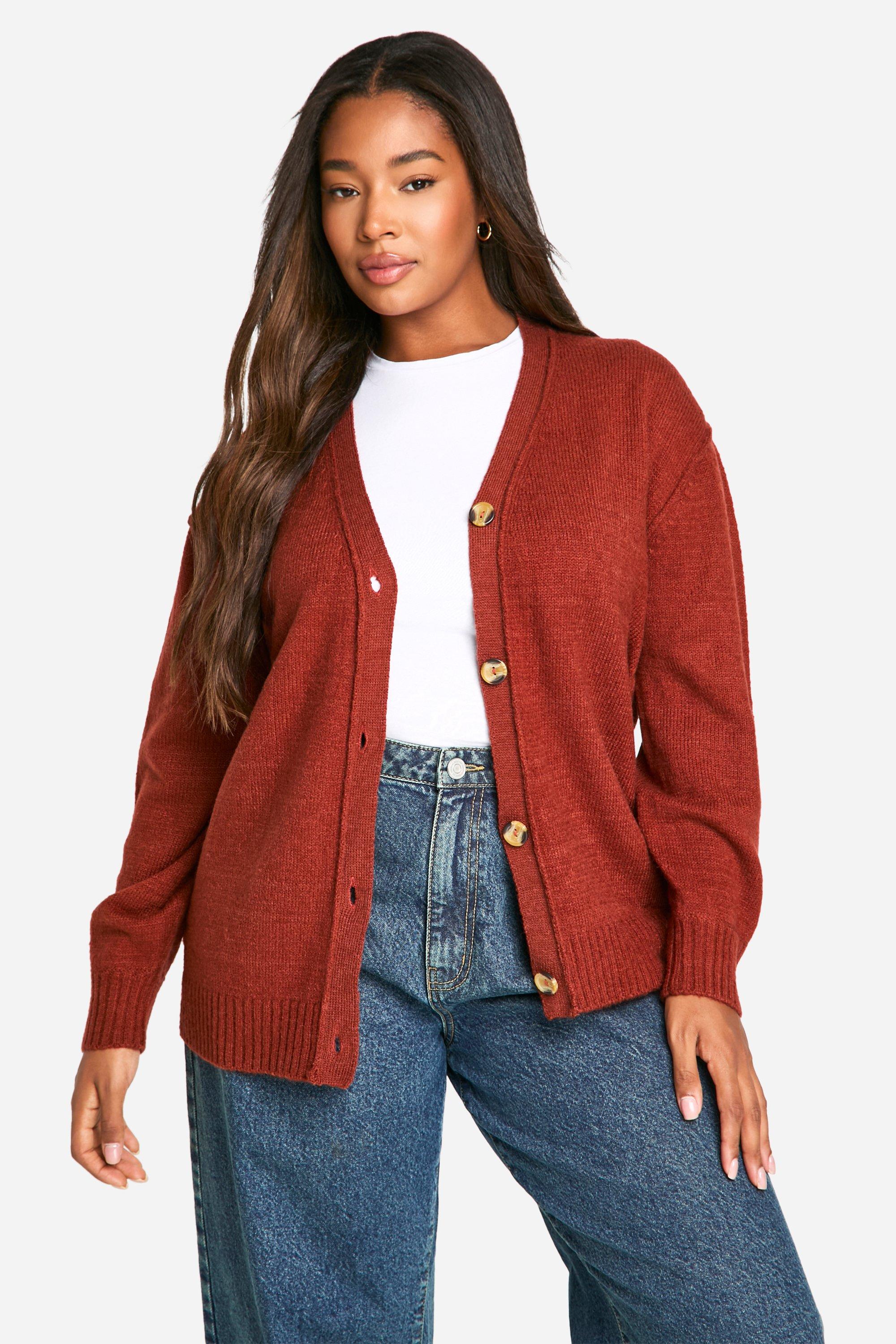 Boohoo Plus Zachte Gebreide Boyfriend Cardigan Met Naaddetail, Chocolate