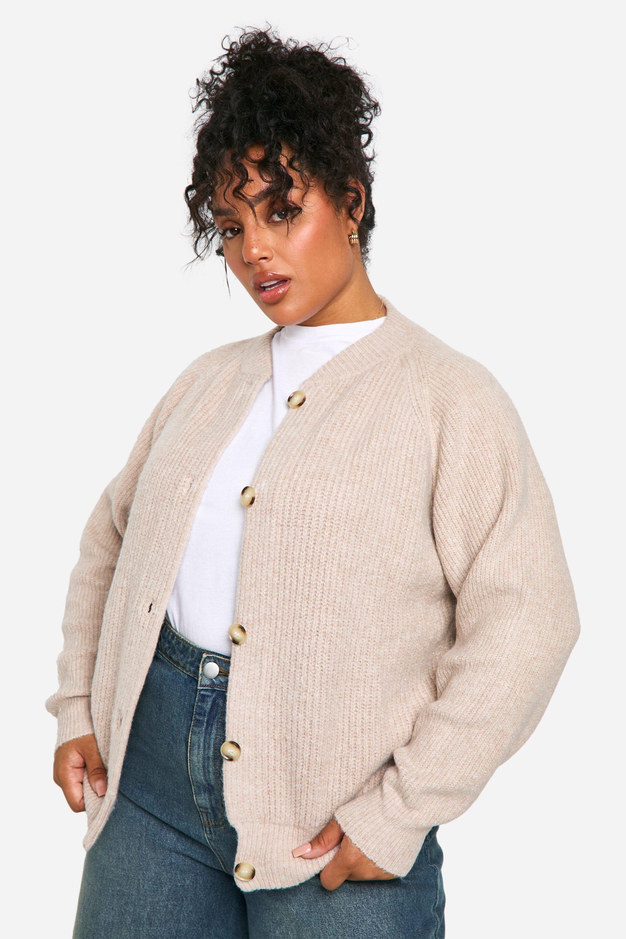 Boohoo Plus Zachte Geribbelde Gebreide Bomber Cardigan, Oatmeal