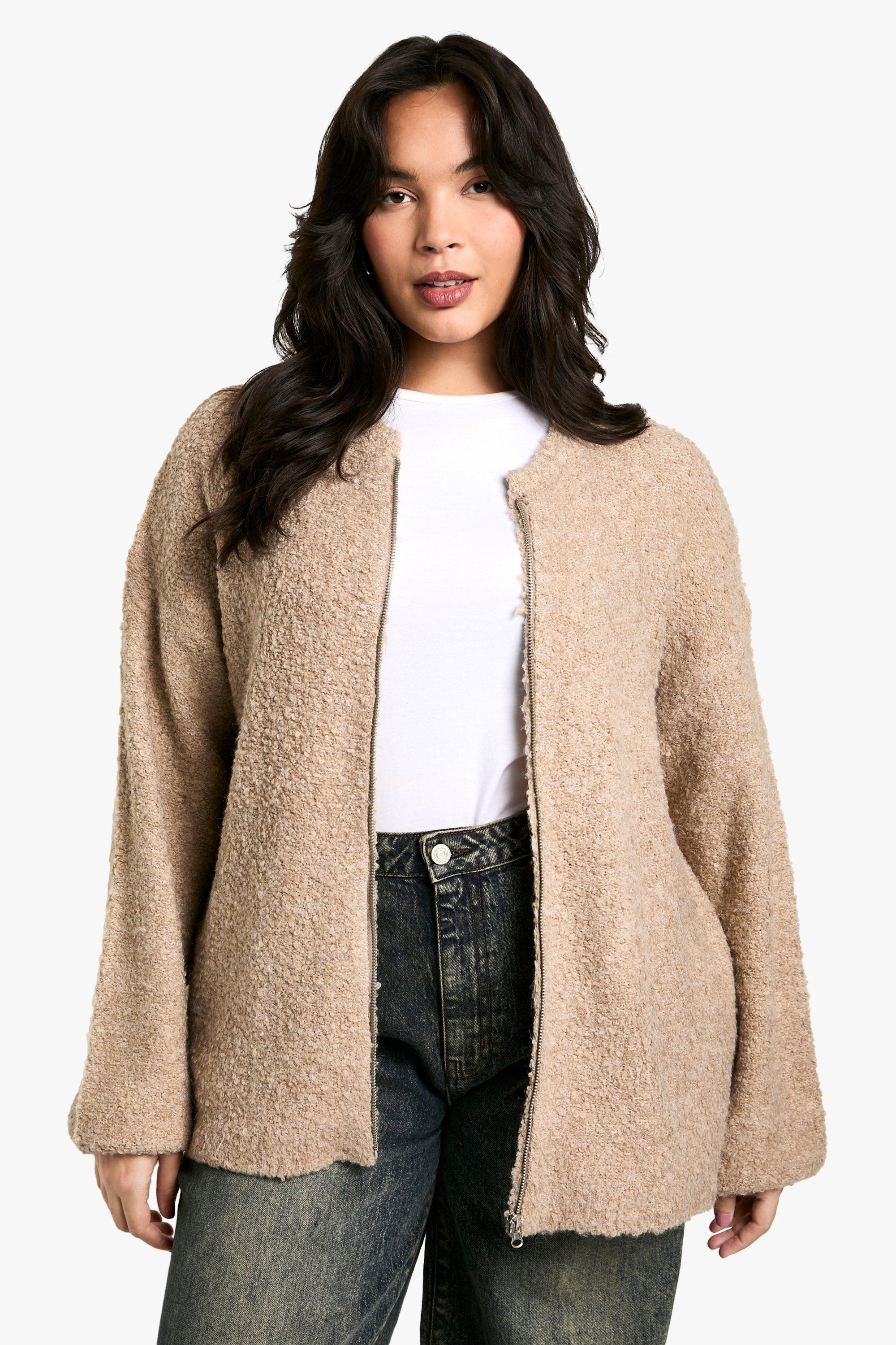 Boohoo Plus Oversized Gebreid Nepwollen Bomberjack, Camel