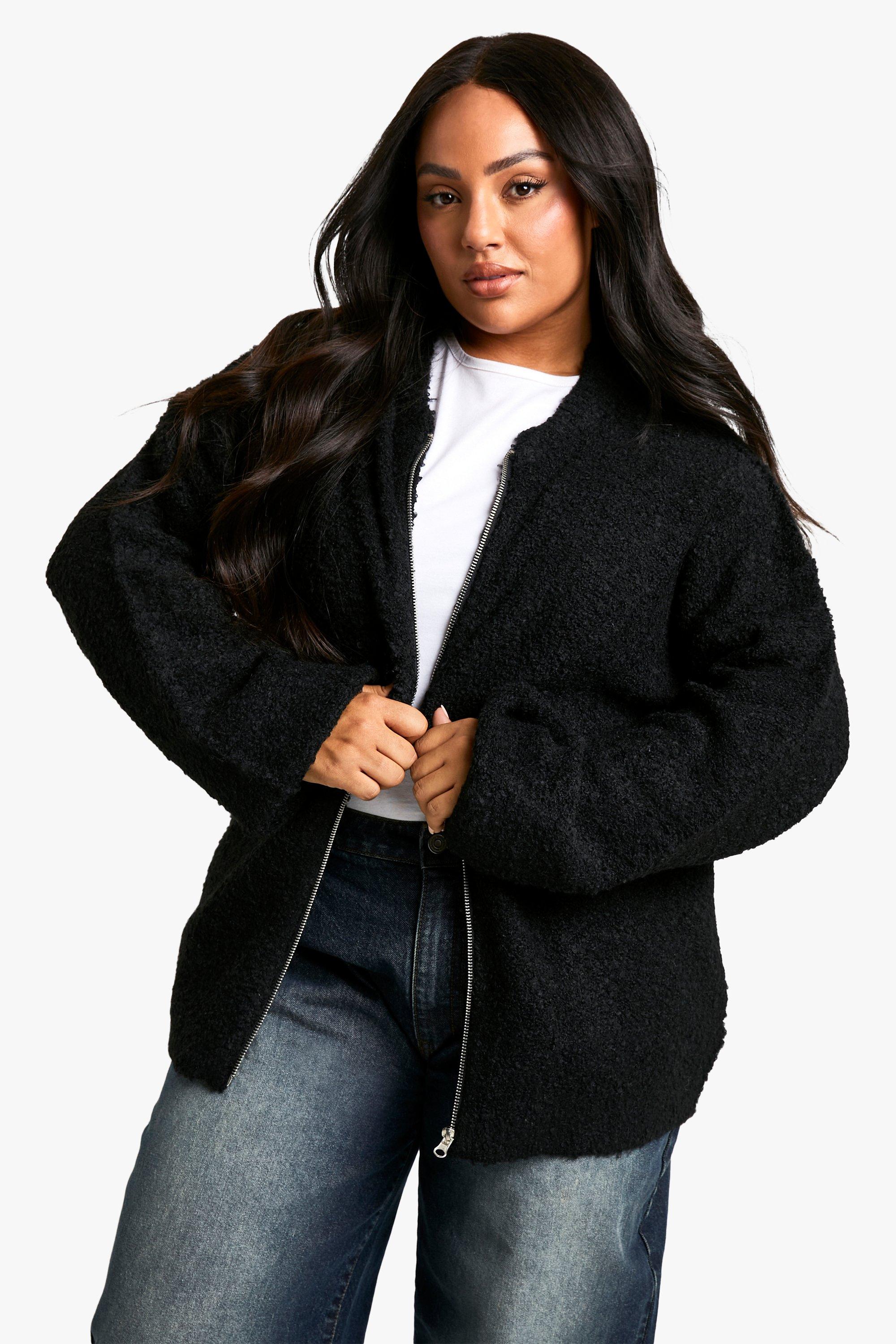 Boohoo Plus Oversized Gebreid Nepwollen Bomberjack, Black