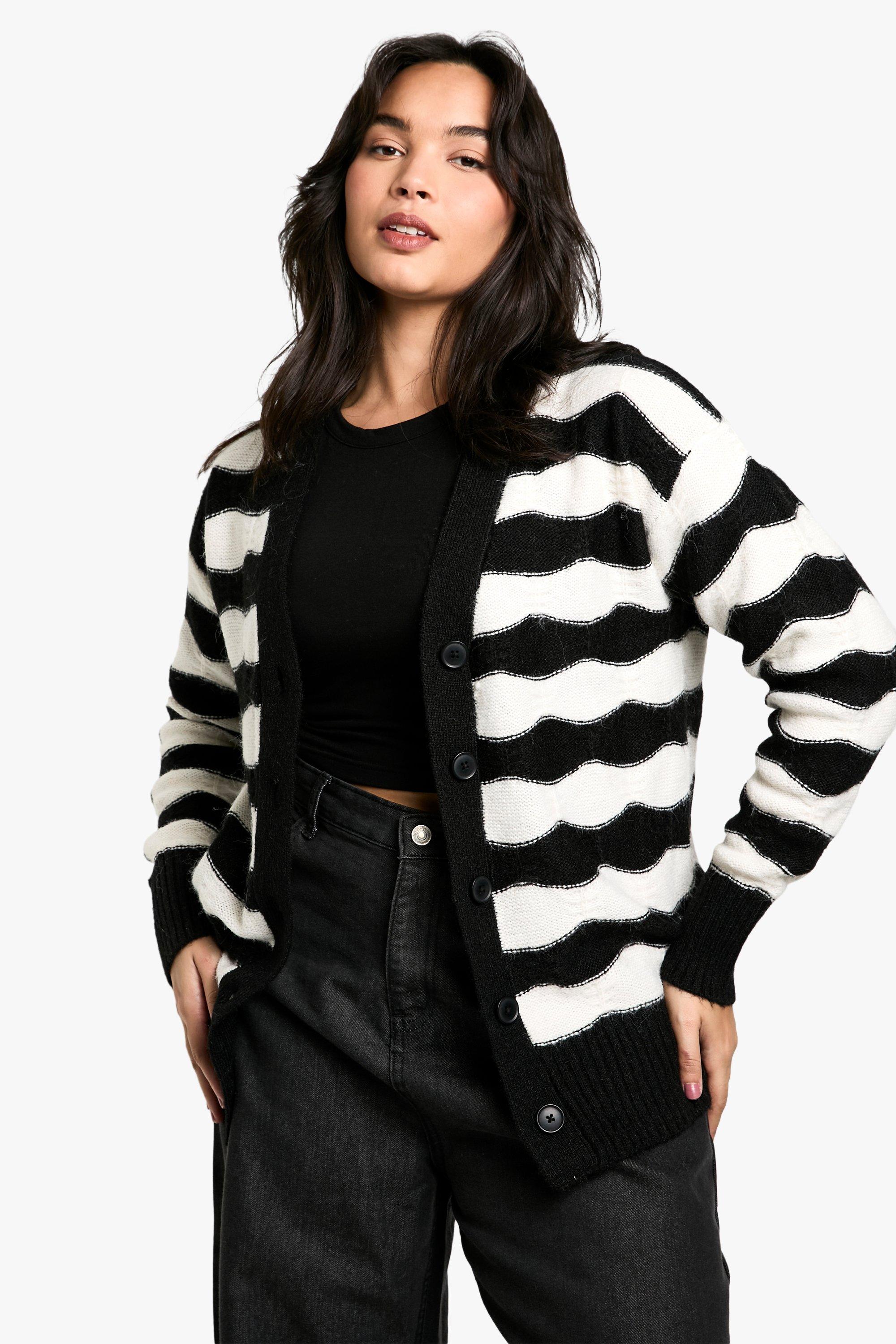 Boohoo Plus Gestreepte Oversized Gebreide Chevron Cardigan, Black