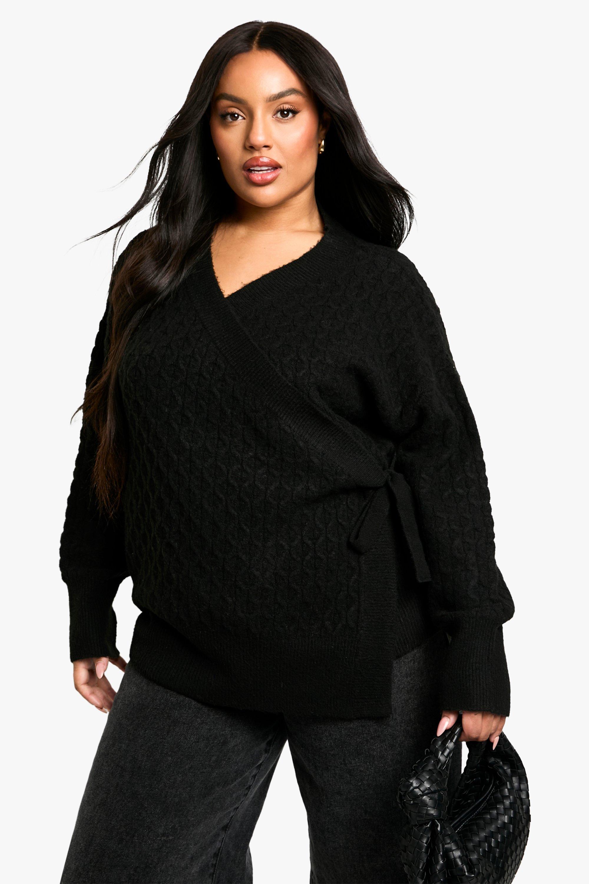 Boohoo Plus Zachte Grof Gebreide Wikkel Cardigan, Black