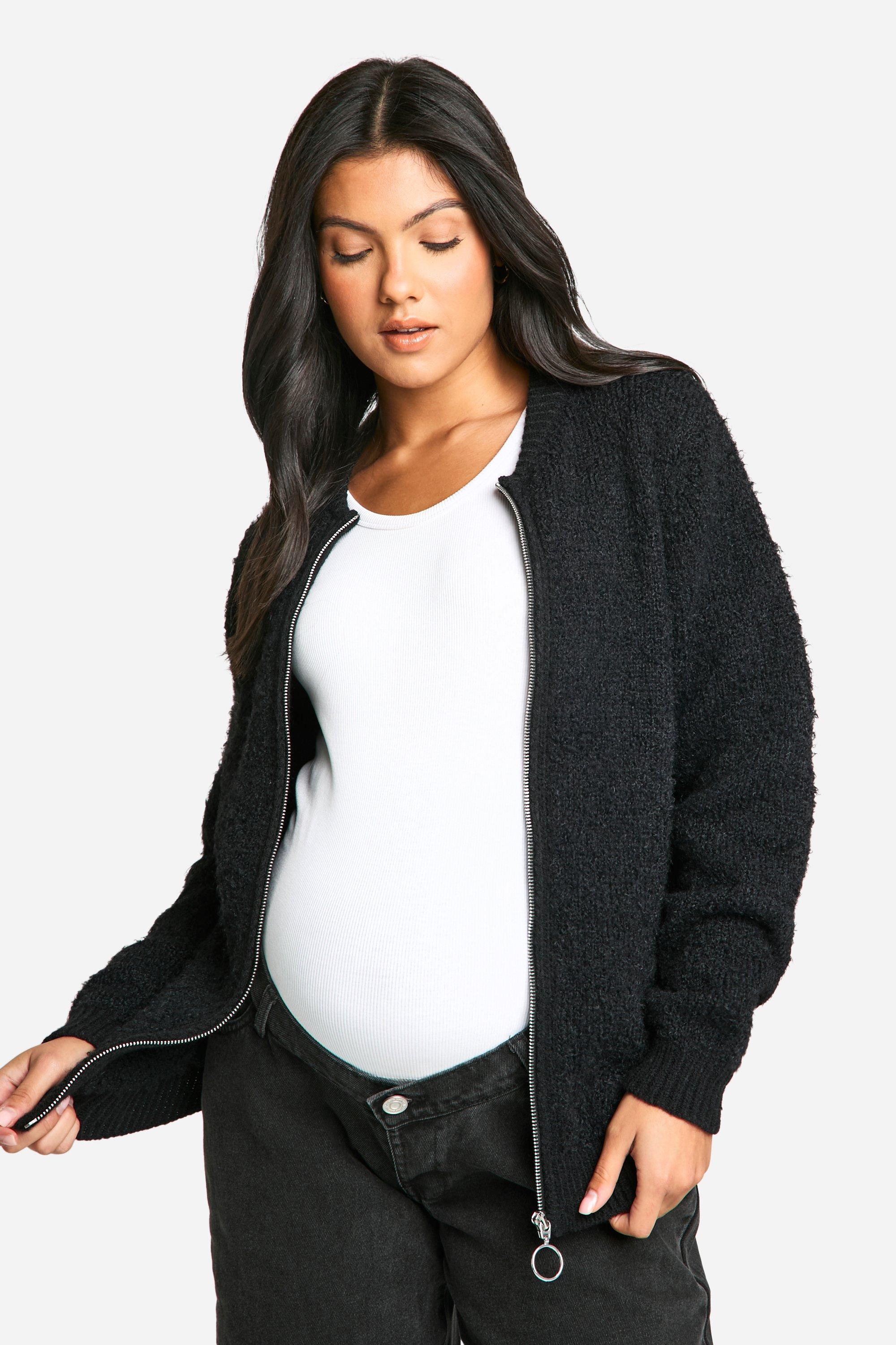 Boohoo Zwangerschap Zachte Gebreide Bouclé Bomber Cardigan, Black