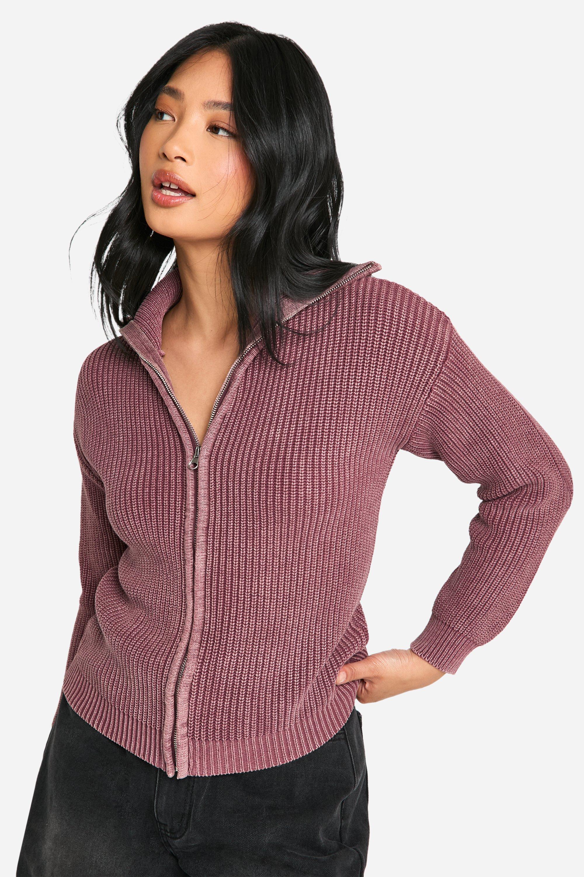 Boohoo Petite Acid Wash Gebleekte Cardigan Met Rits En Kraag, Mauve