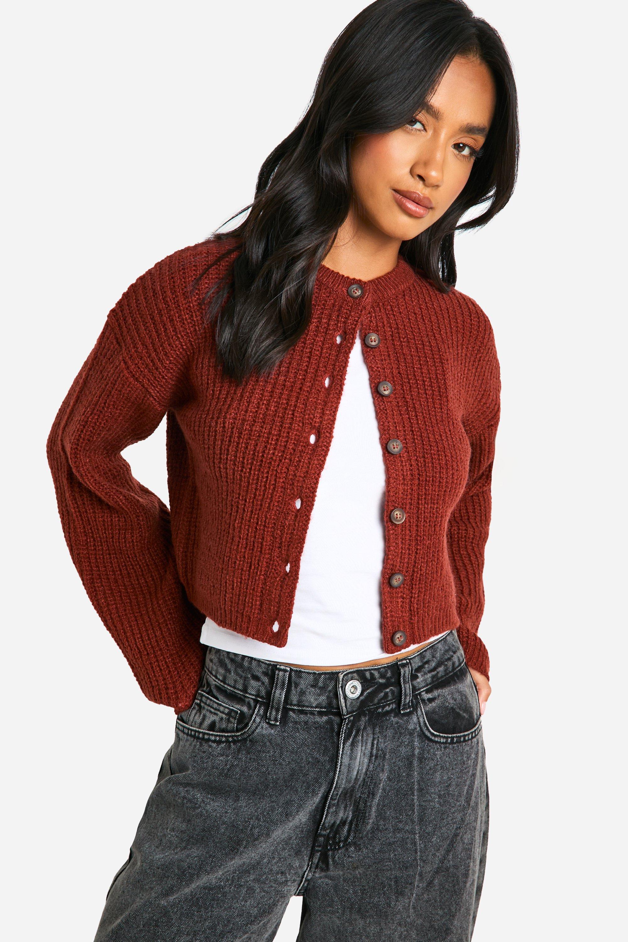Boohoo Petite Zachte Gebreide Cardigan Met Crewneck, Chocolate