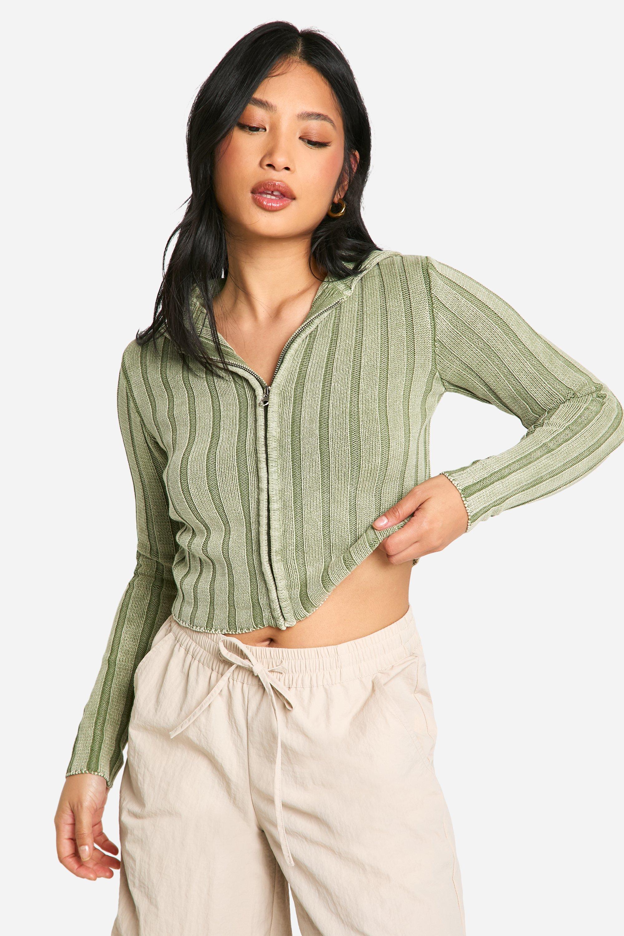 Boohoo Petite Geribbelde Gebreide Acid Wash Gebleekte Off Shoulder Cardigan Met Rits, Sage