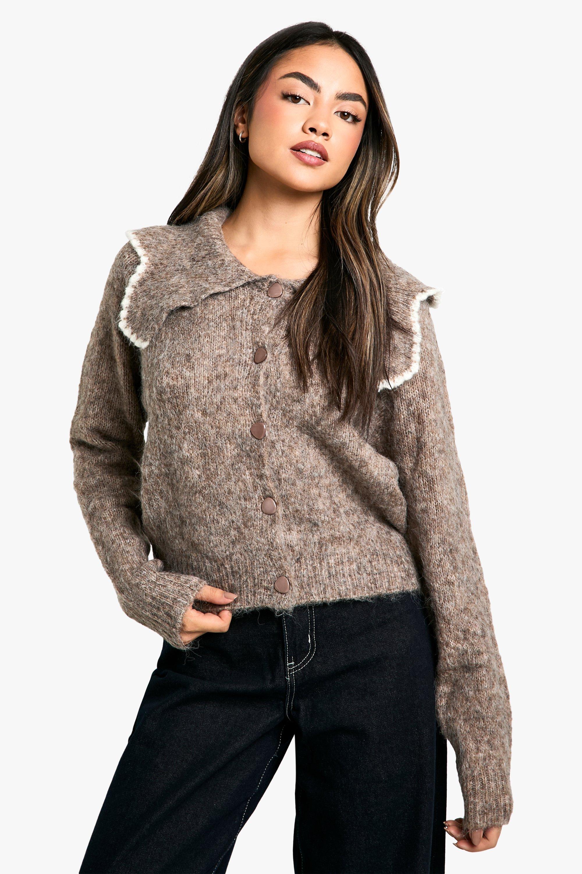 Boohoo Pluizige Gebreide Cardigan Met Kraag, Oatmeal