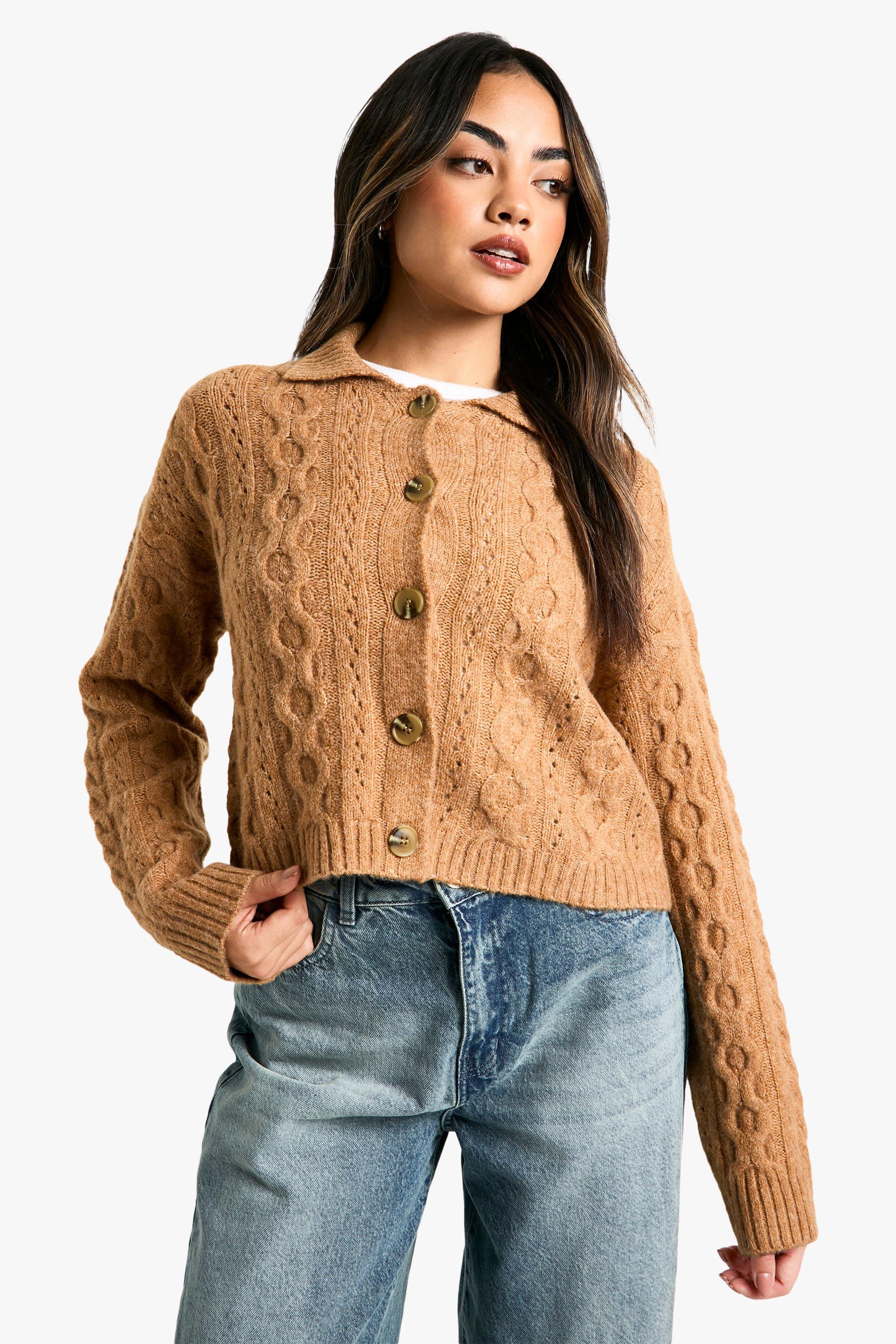 Boohoo Grof Gebreide Cardigan Met Kraag Detail, Camel