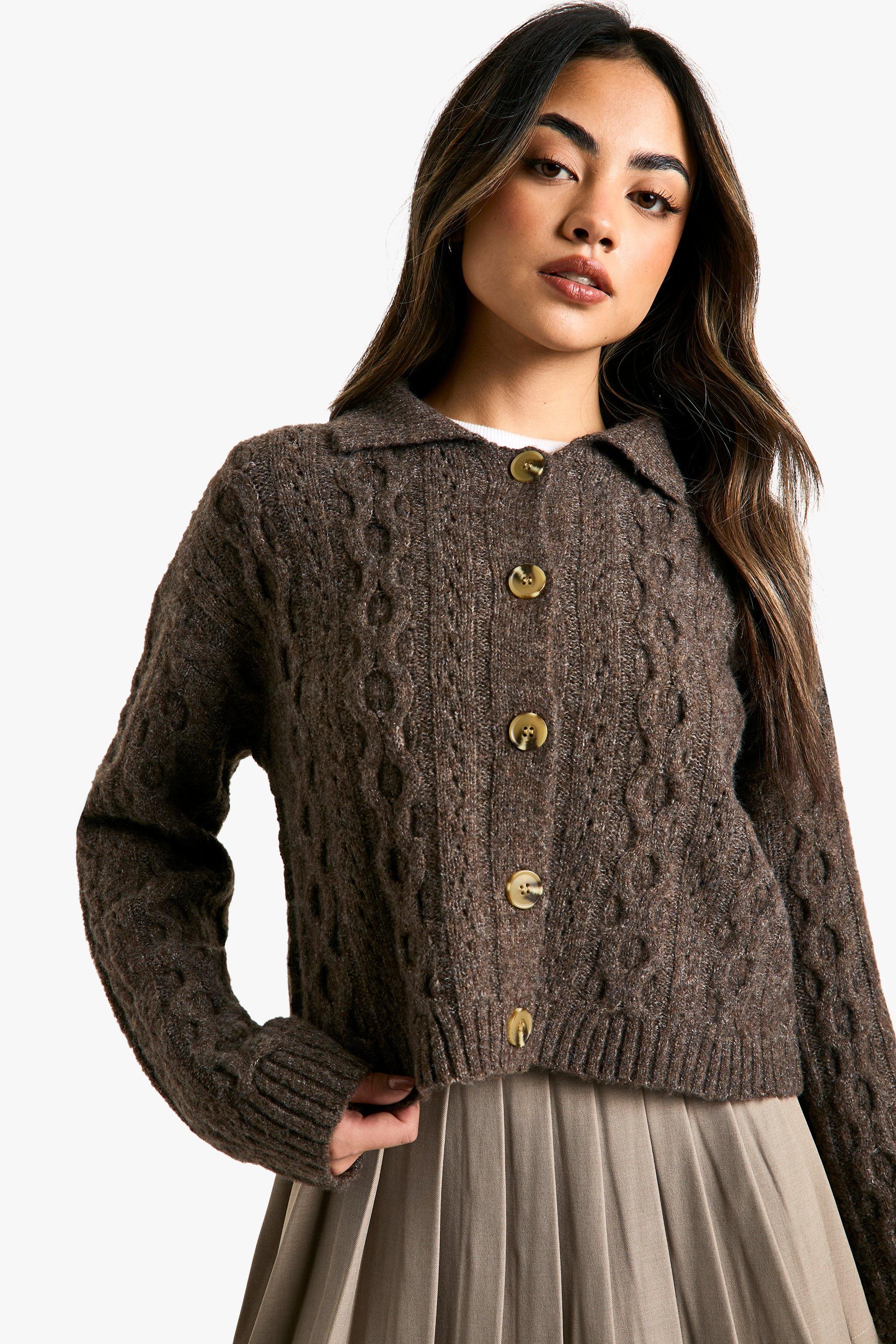 Boohoo Grof Gebreide Cardigan Met Kraag Detail, Chocolate