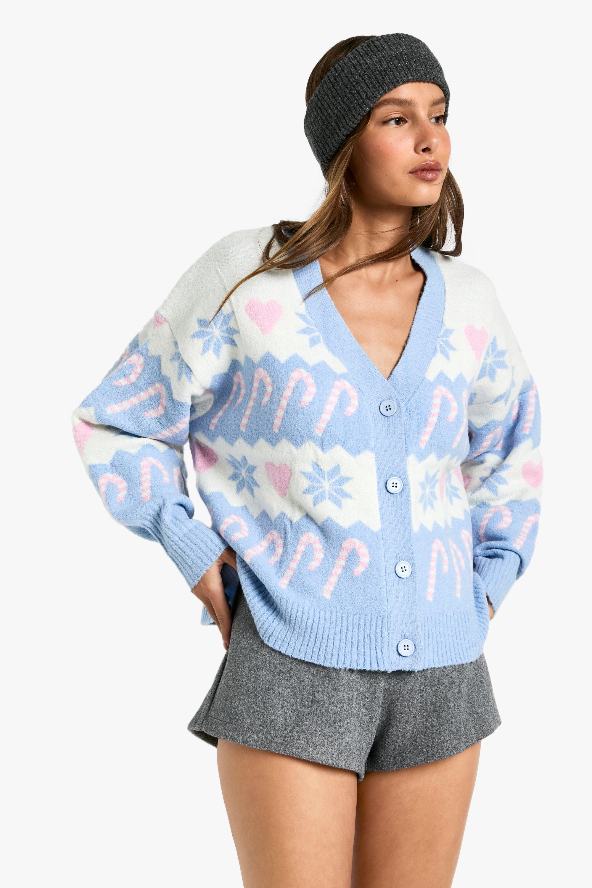 Boohoo Gebreide Hartjes Kerst Cardigan, Blue