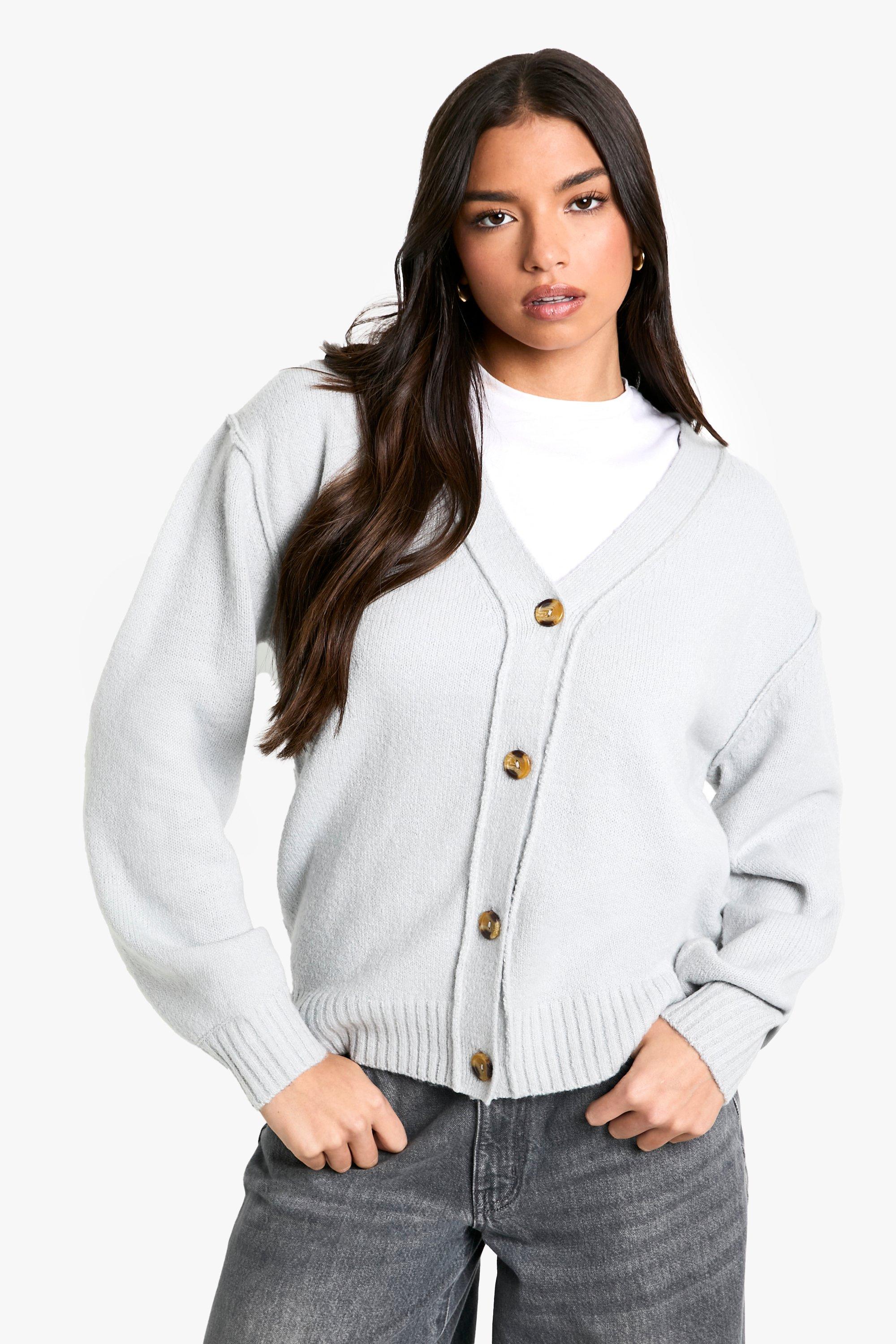 Boohoo Oversized Zachte Gebreide Boyfriend Cardigan Met Naaddetail, Light Grey