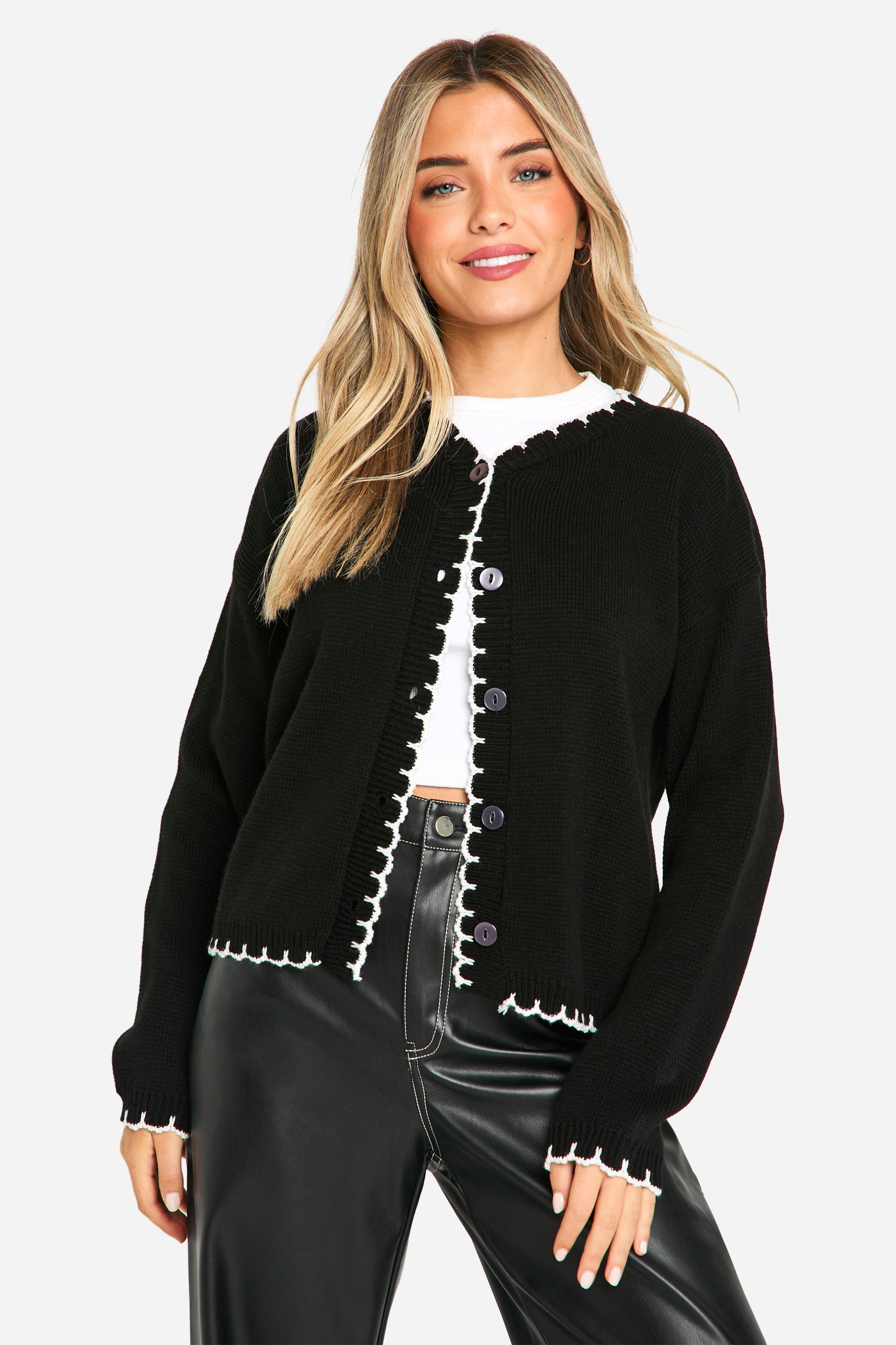 Boohoo Gebreide Bolero Met Stiksels, Black_Ecru