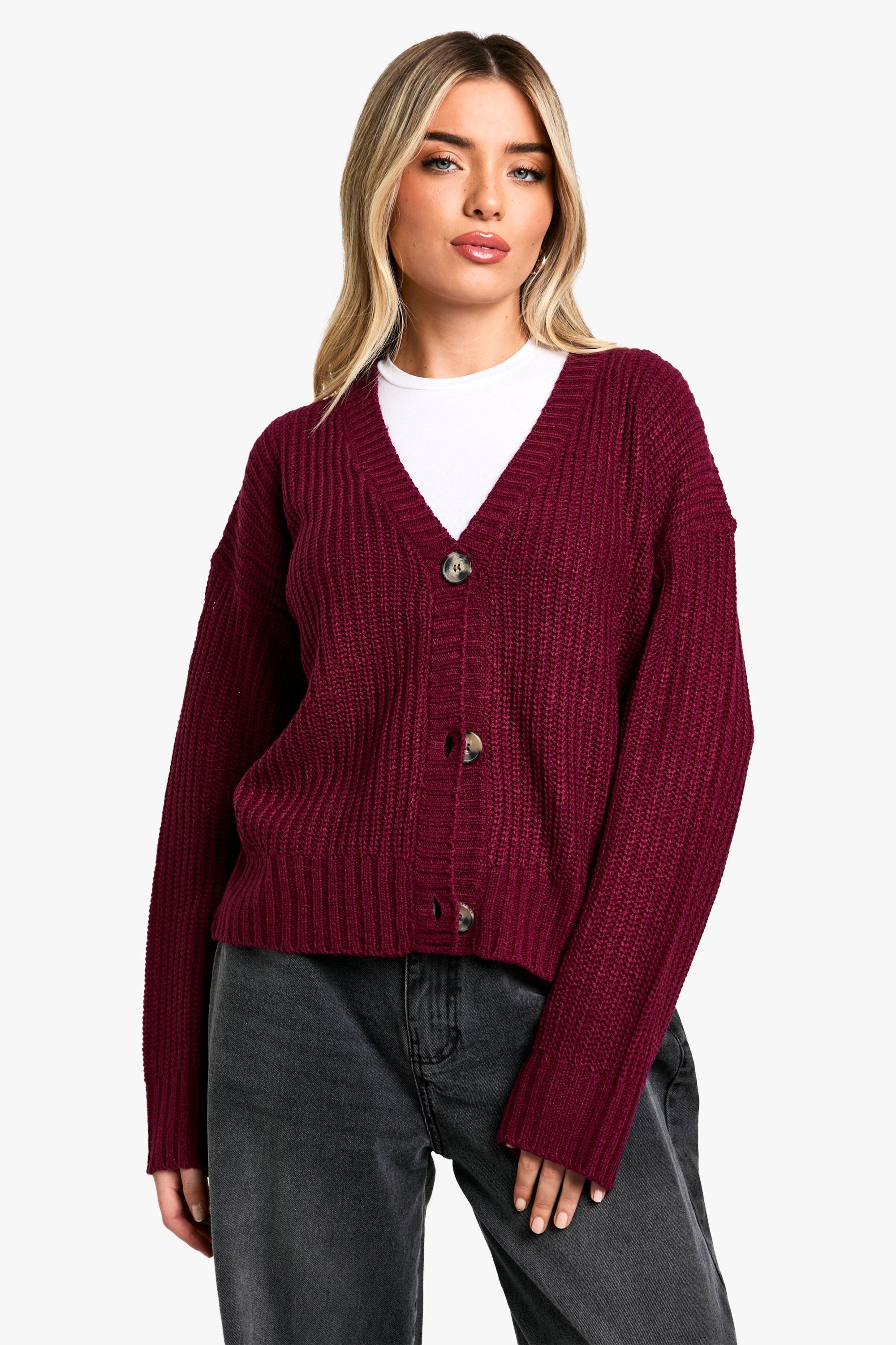 Boohoo Geribbelde Gebreide Cardigan Met V-Hals In Bordeaux, Burgundy