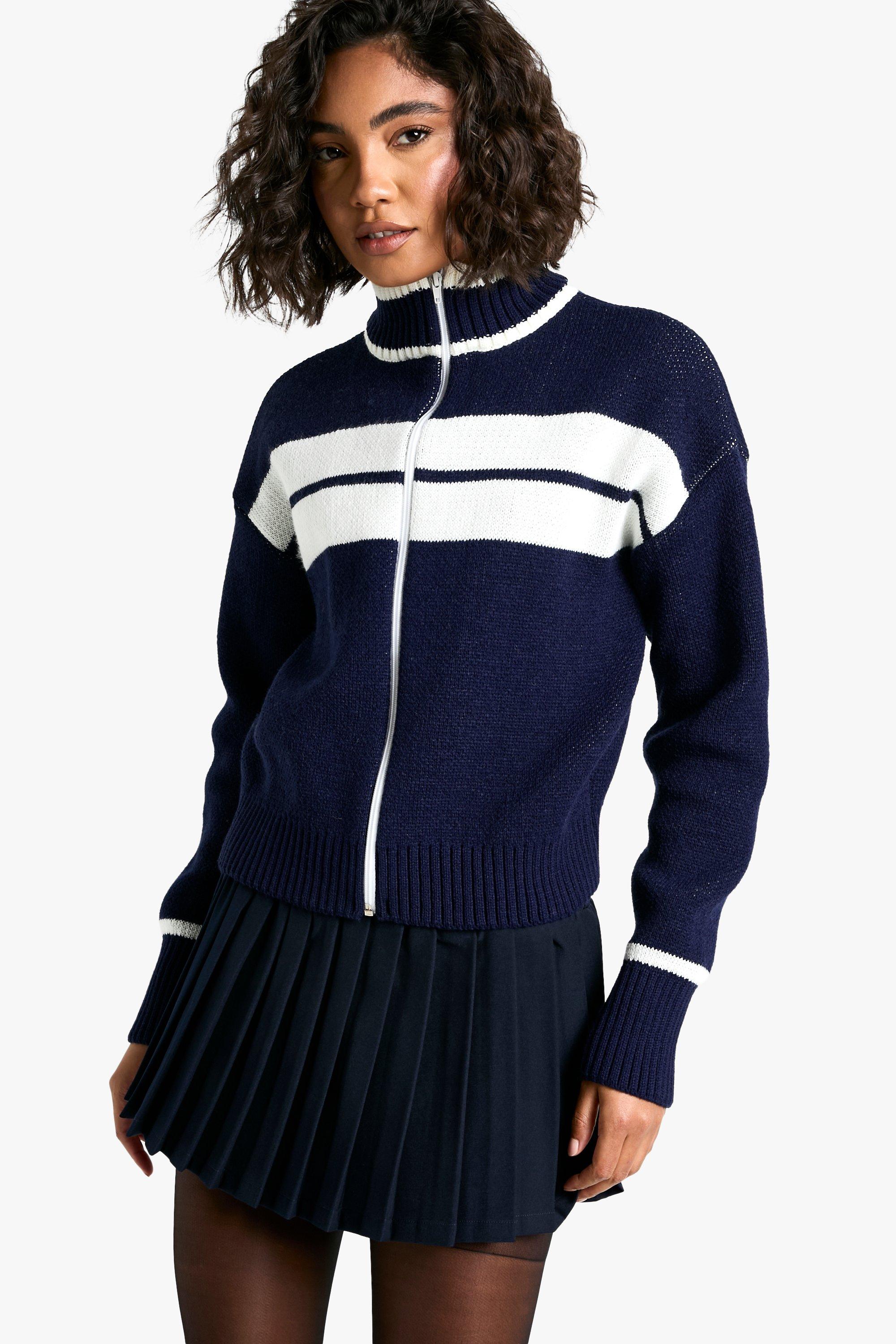 Boohoo Tall Oversized Gestreept Bomberjack Met Rits, Navy