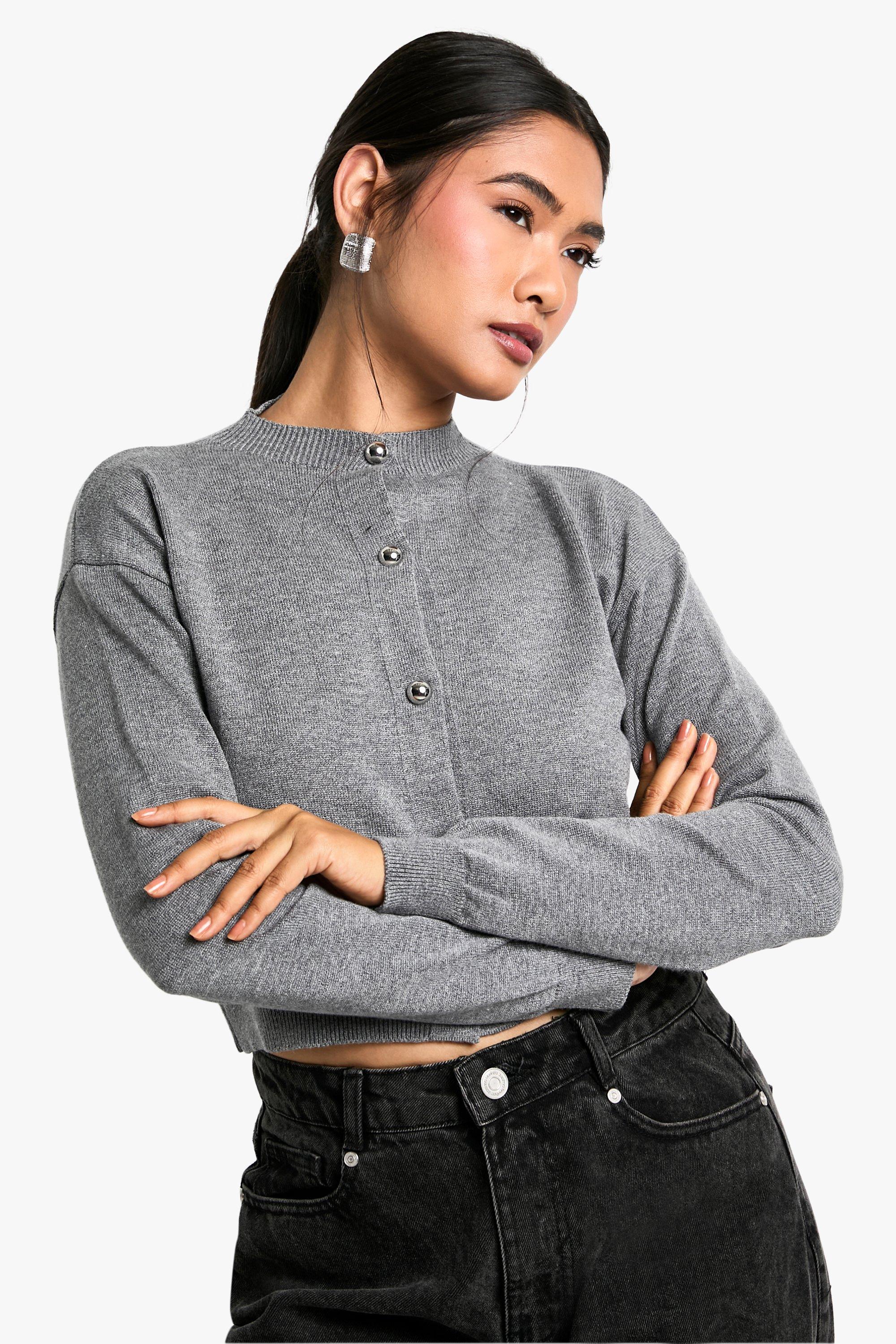 Boohoo Korte Zachte Gebreide Boxy Cardigan Met Hoge Hals, Grey