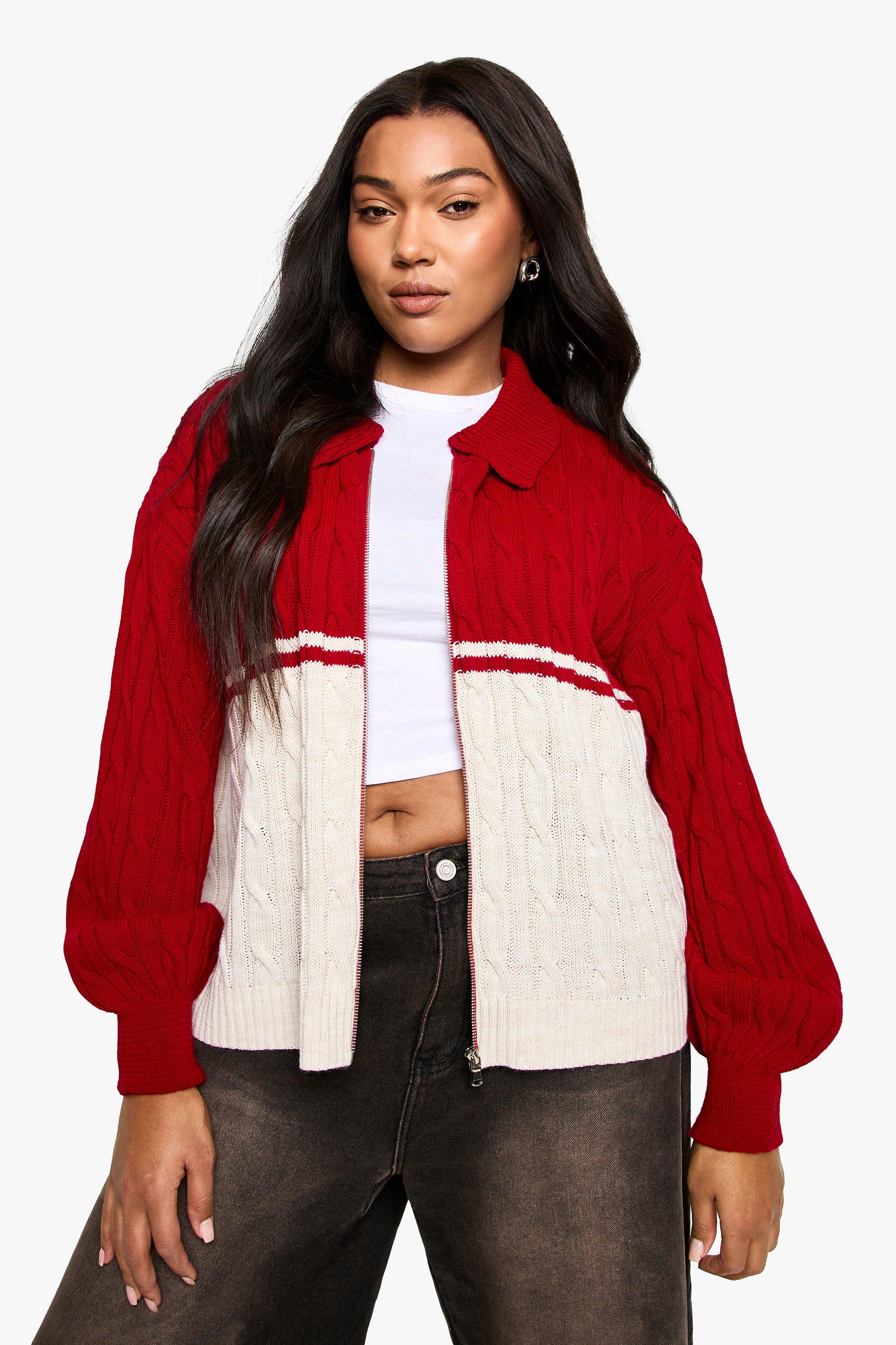 Boohoo Plus Grof Gebreide Grof Gebreide Trui Met Rits En Kraag, Rich Red